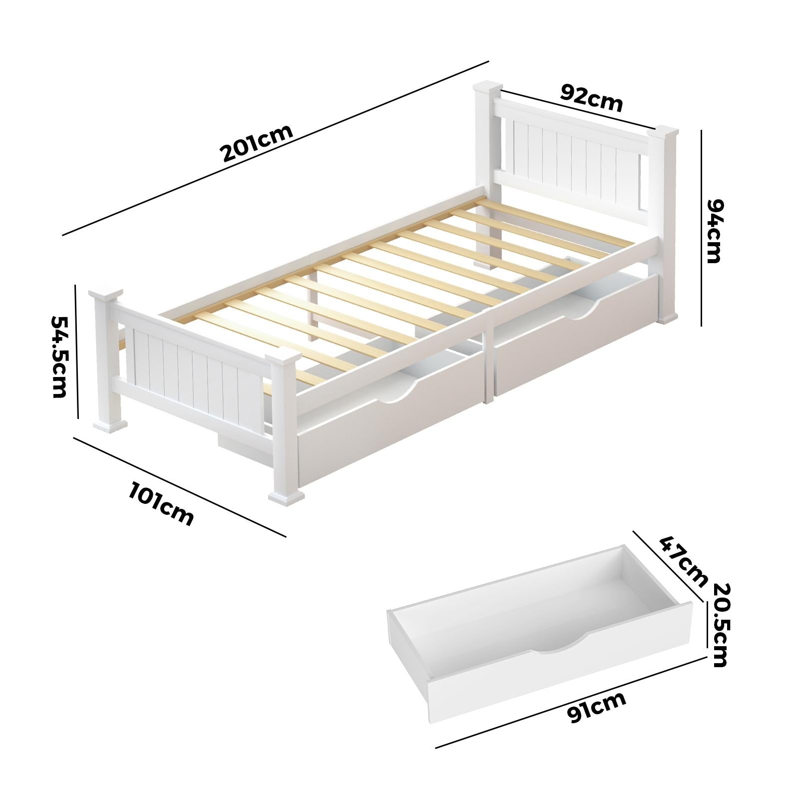 Oikiture Solid Pine Wood Bed Frame with 2 Storage Drawers Platform White Single