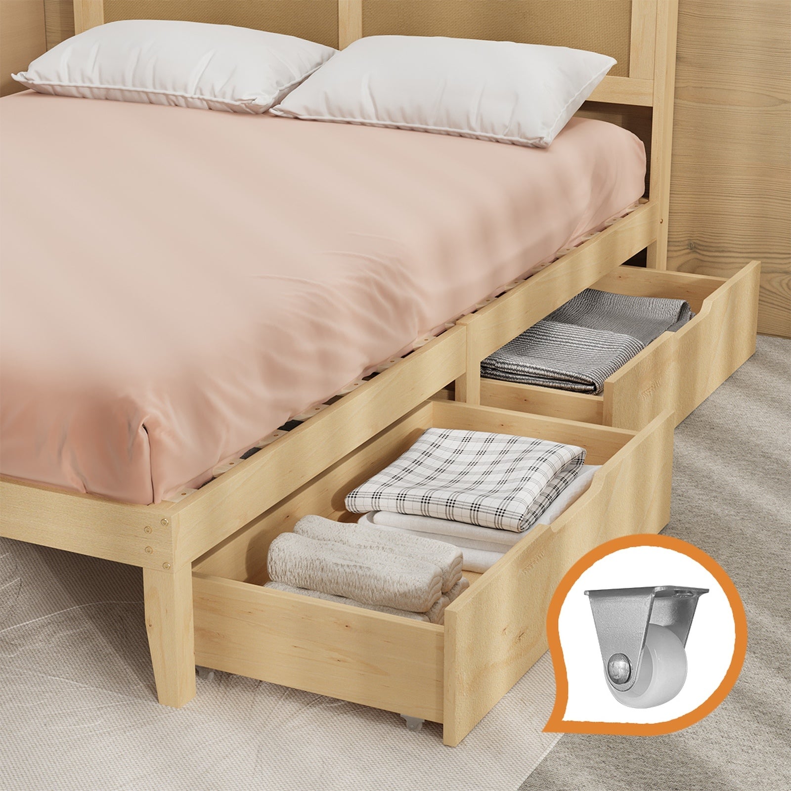 Oikiture Double Wooden Bed Frame with 2 Large Storage Drawers Rattan Headboard