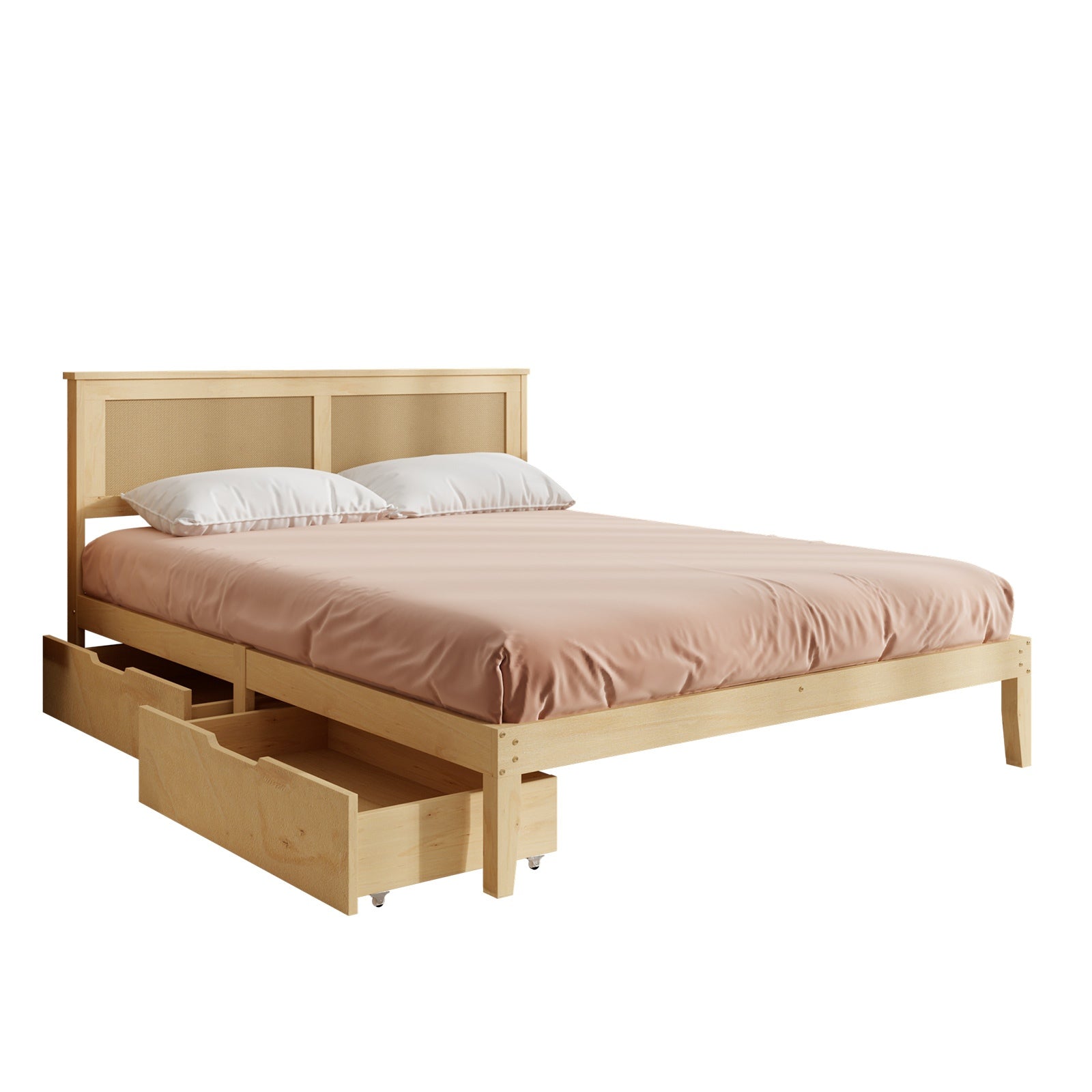 Oikiture Double Wooden Bed Frame with 2 Large Storage Drawers Rattan Headboard