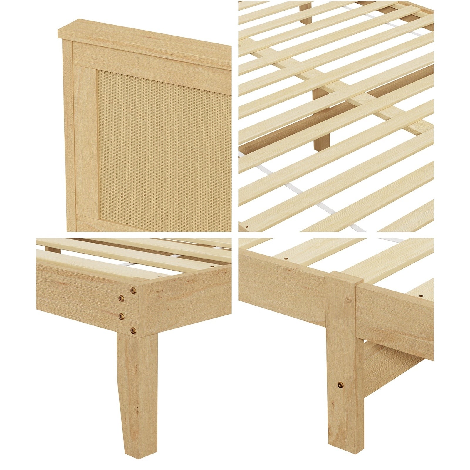 Oikiture Solid Wooden Bed Frame with Wicker Rattan Headboard Platform Double