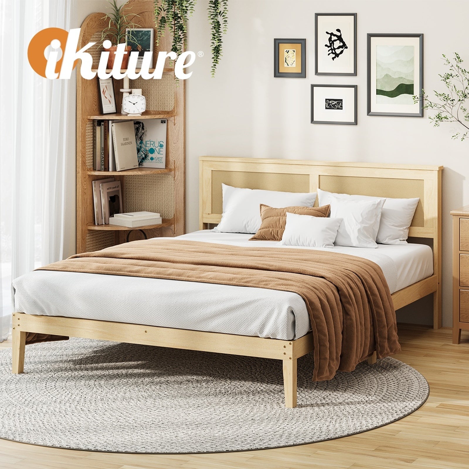 Oikiture Solid Wooden Bed Frame with Wicker Rattan Headboard Platform Double
