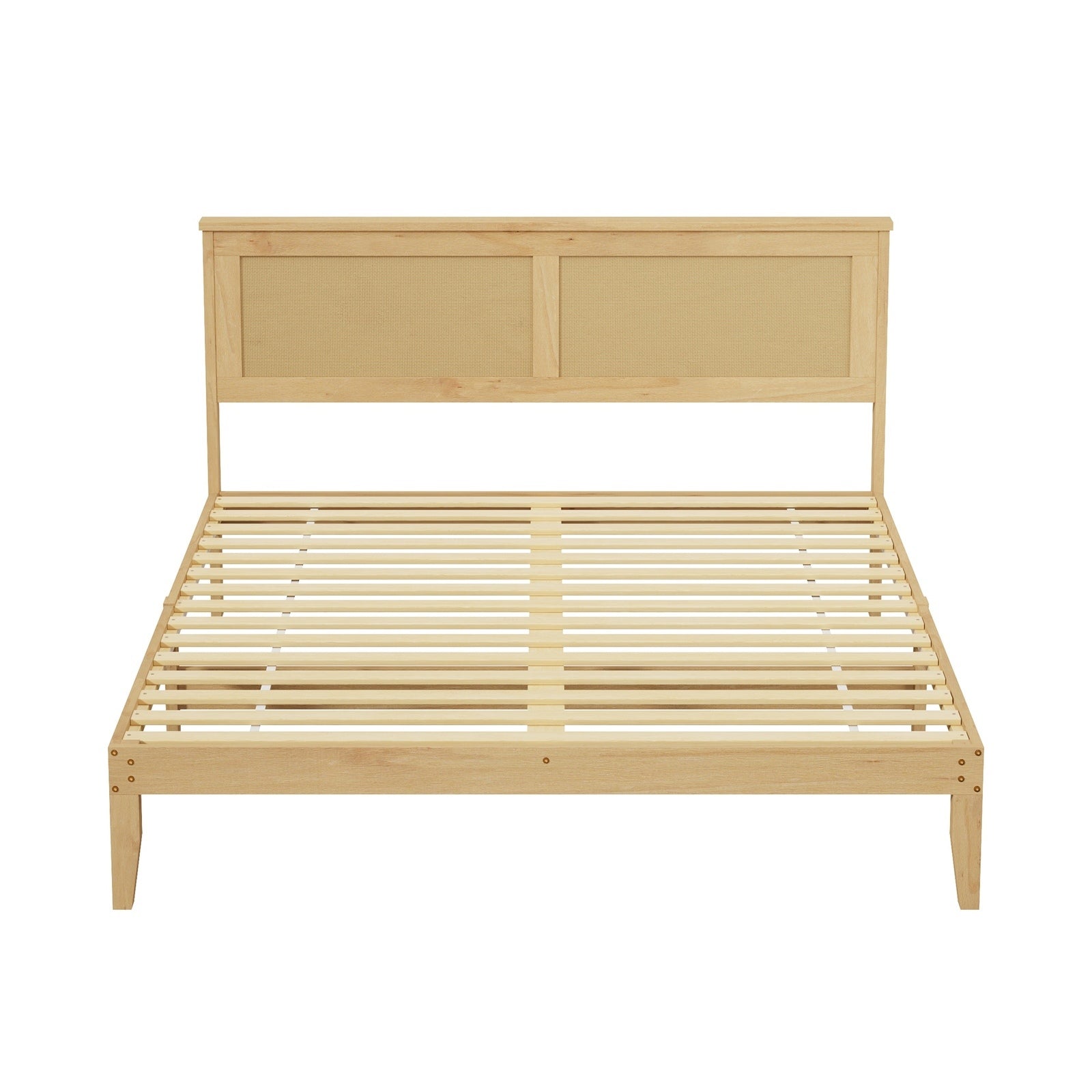 Oikiture Solid Wooden Bed Frame with Wicker Rattan Headboard Platform Double