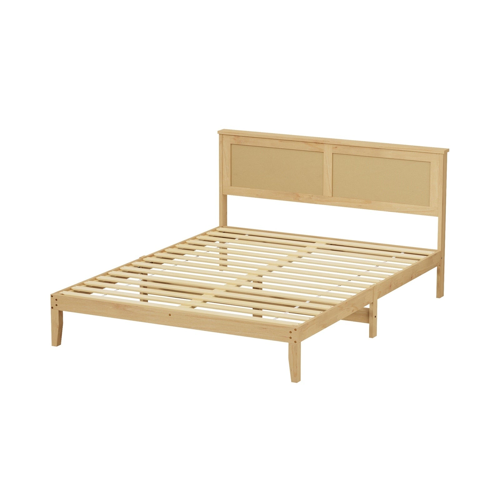 Oikiture Solid Wooden Bed Frame with Wicker Rattan Headboard Platform Double