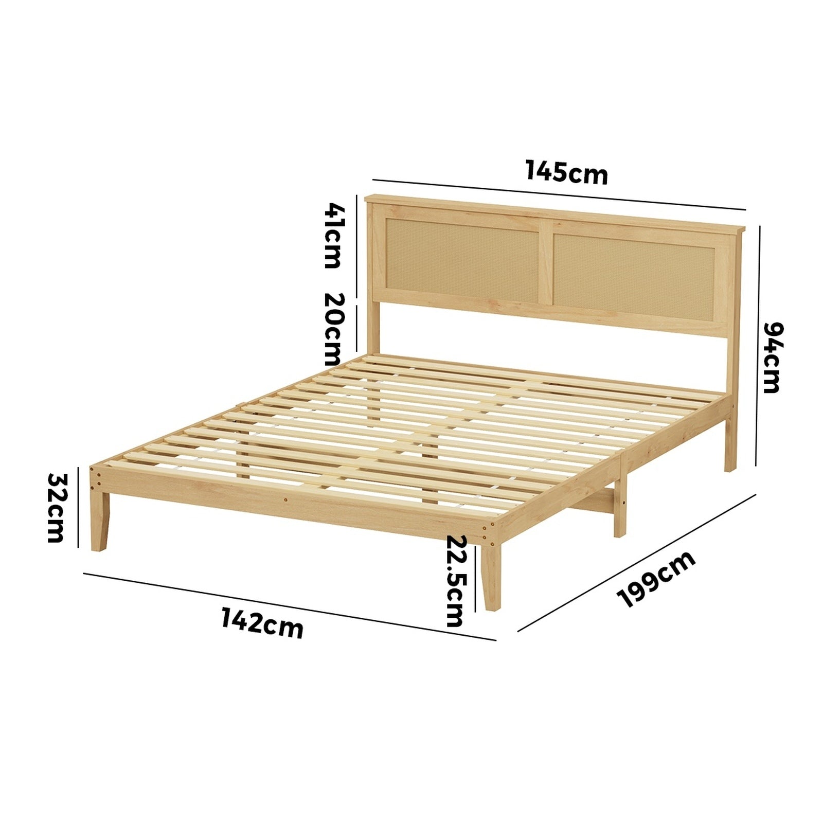 Oikiture Solid Wooden Bed Frame with Wicker Rattan Headboard Platform Double