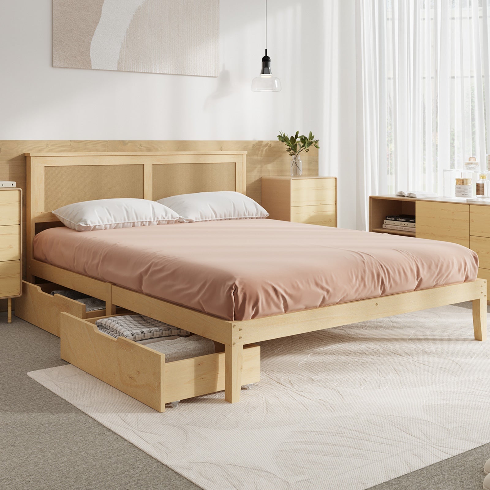 Oikiture Queen Wooden Bed Frame with 2 Large Storage Drawers Rattan Headboard