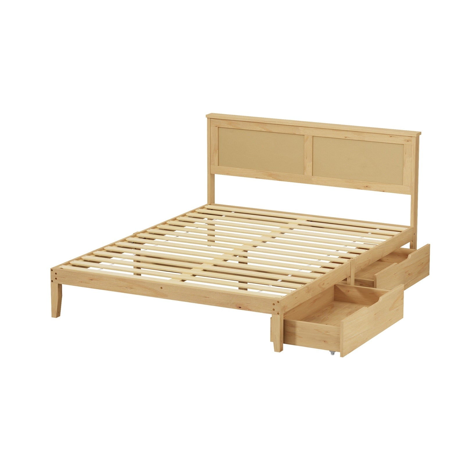 Oikiture Queen Wooden Bed Frame with 2 Large Storage Drawers Rattan Headboard