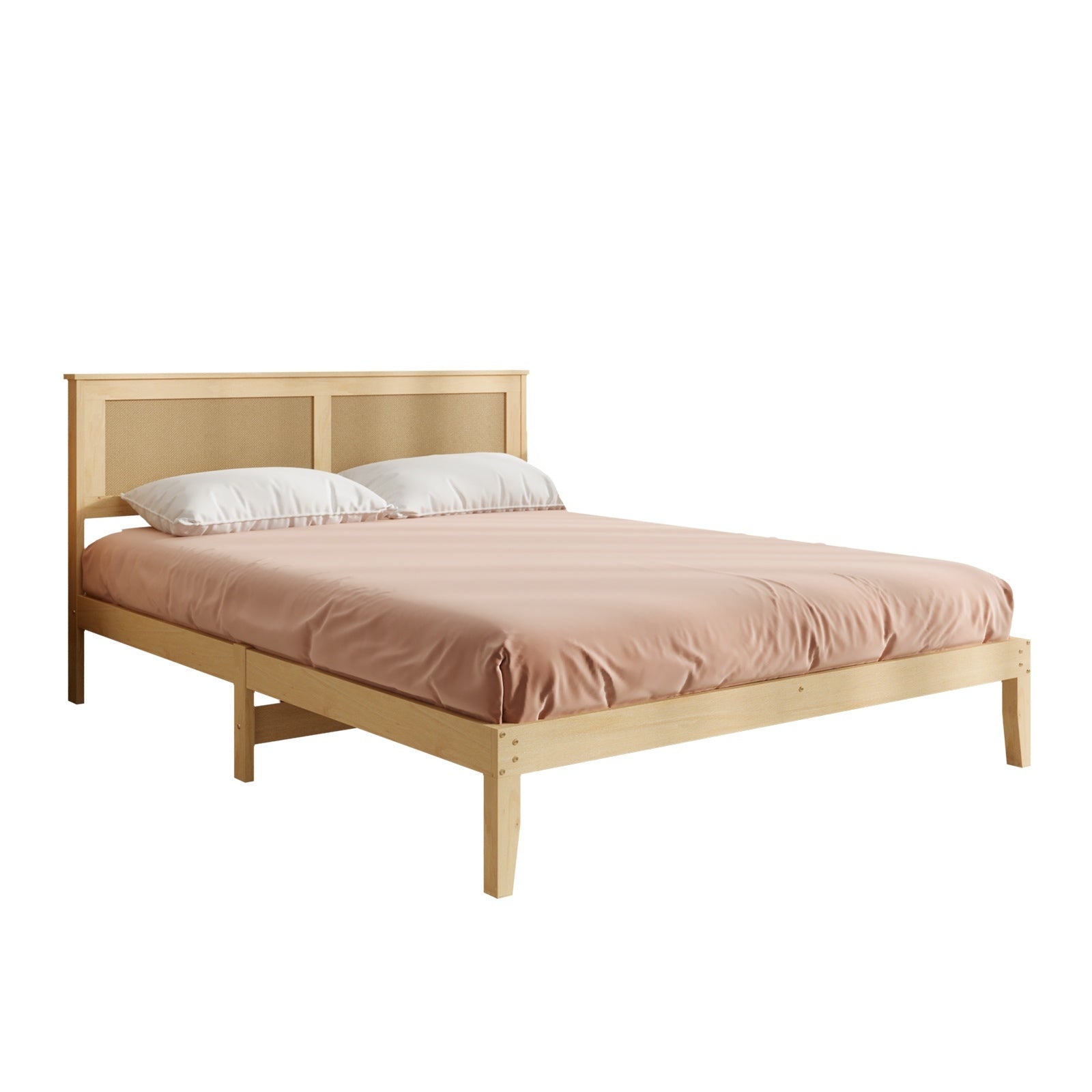 Oikiture Solid Wooden Bed Frame with Wicker Rattan Headboard Platform Queen