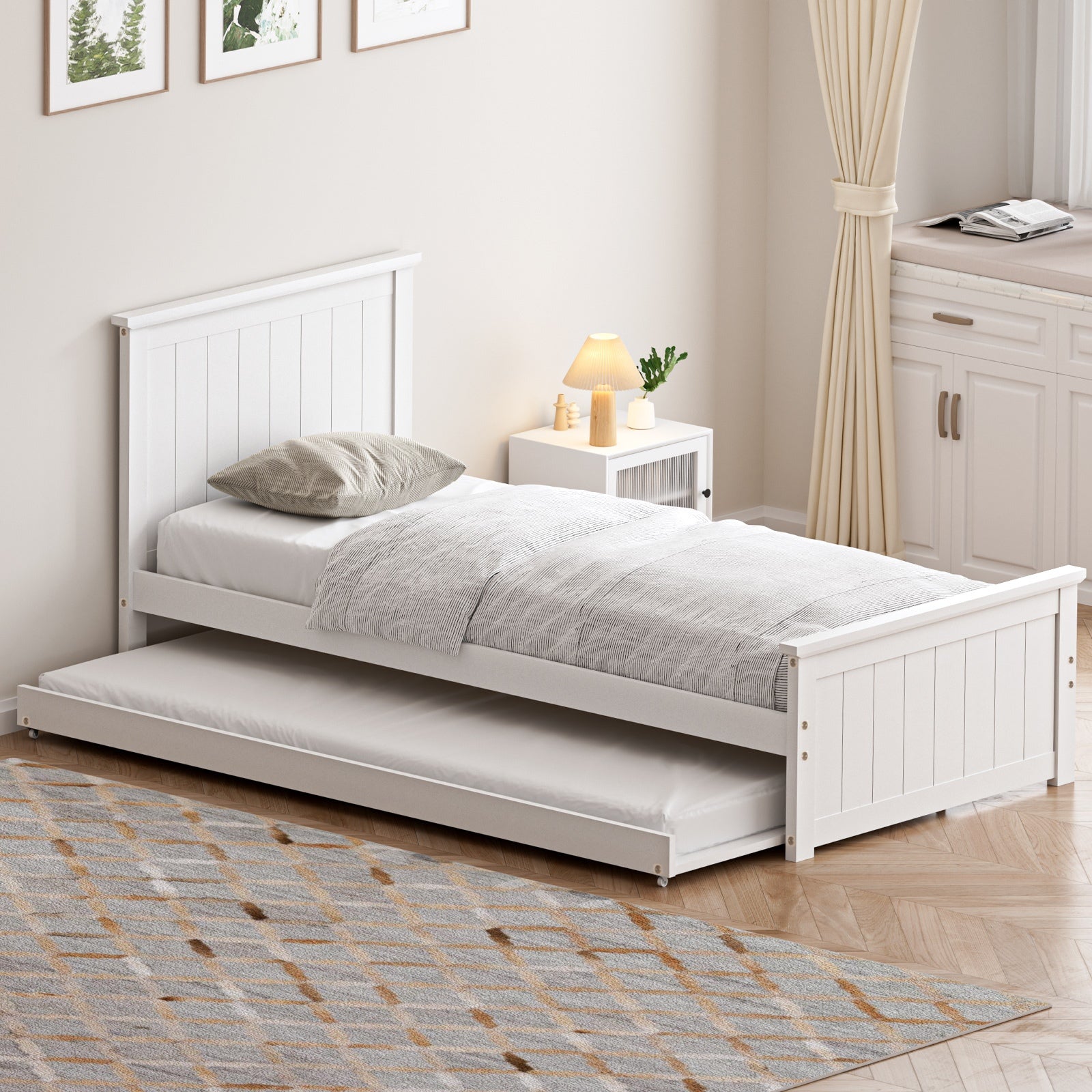 Oikiture Trundle Bed Frame Single Size Beds Base Wooden Daybed White - Sunyee