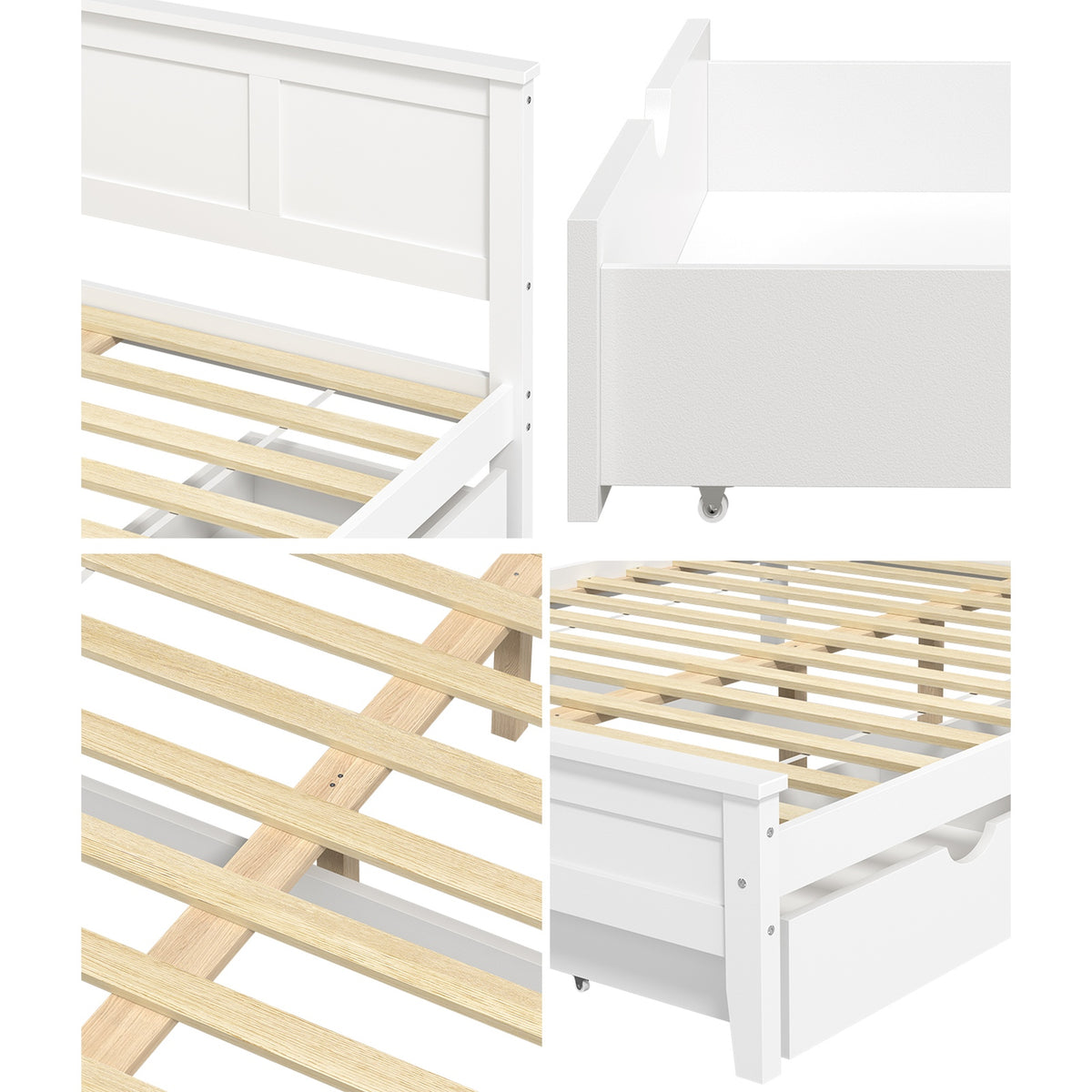Oikiture Double Wooden Bed Frame Platform with Headboard 2 Storage Drawers White