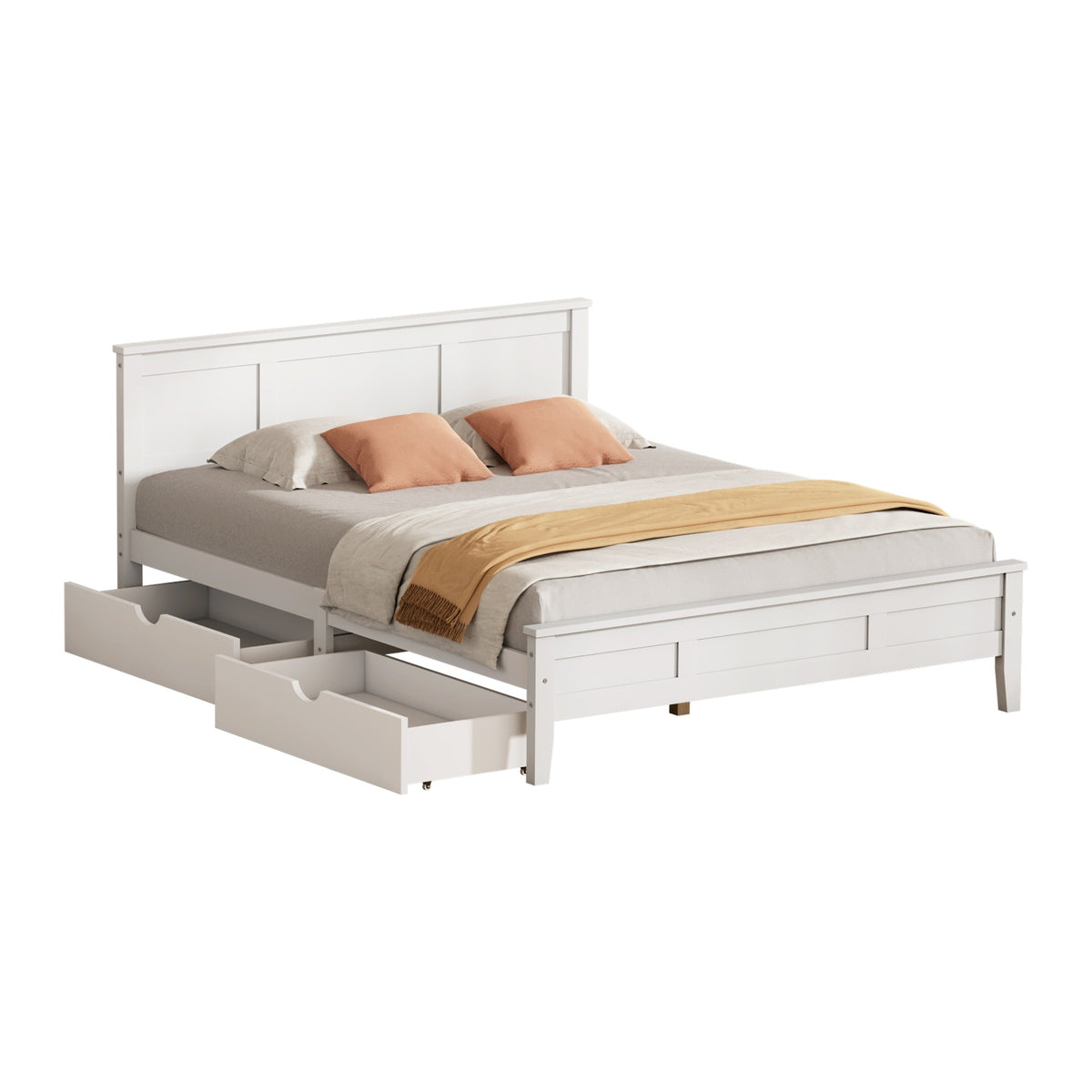 Oikiture Double Wooden Bed Frame Platform with Headboard 2 Storage Drawers White