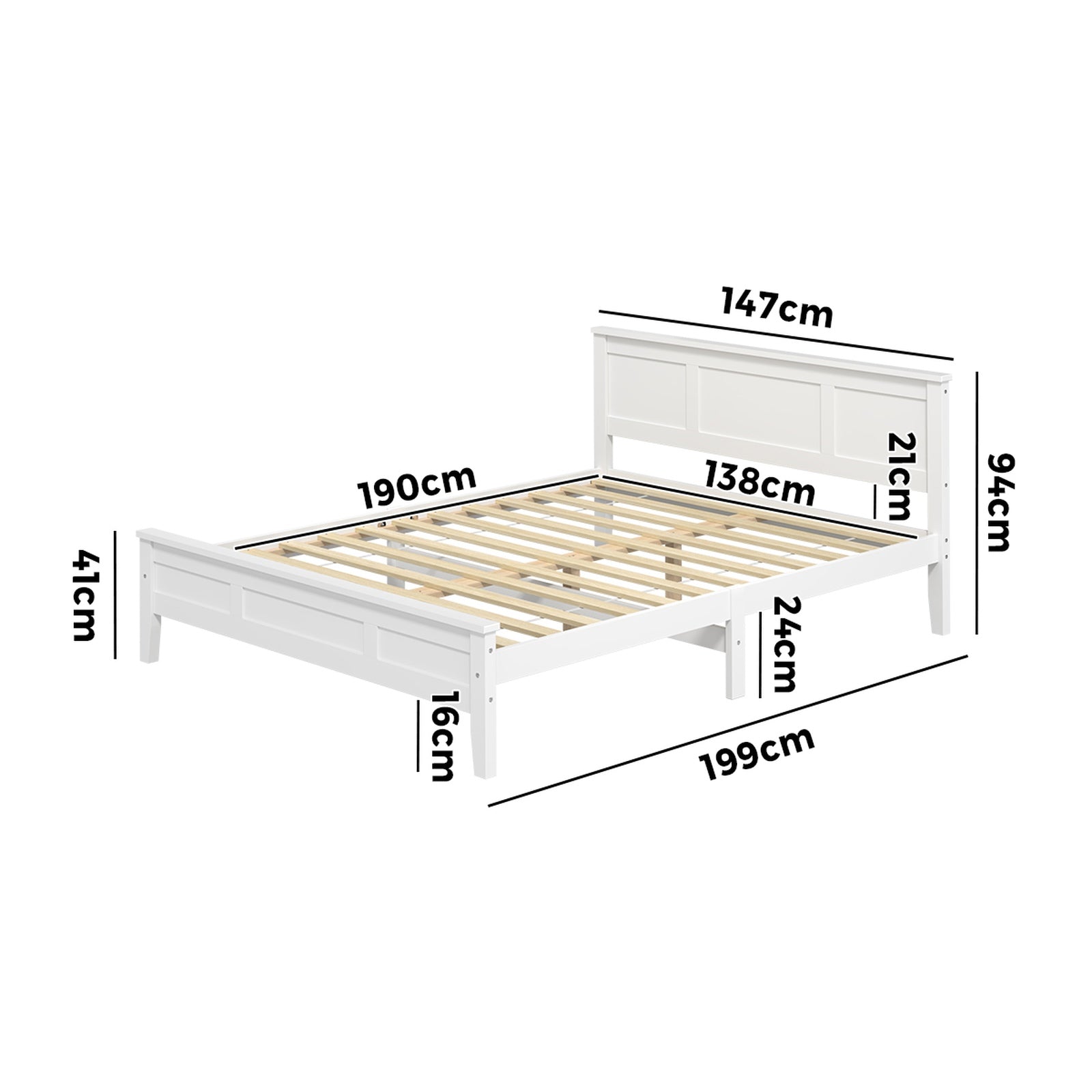 Oikiture Double Wooden Bed Frame with Slatted Base Headboard Pine Timber White