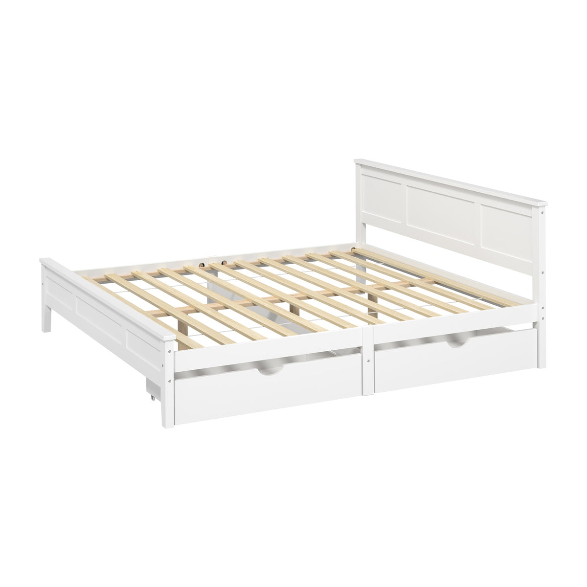 Oikiture King Wooden Bed Frame Platform with Headboard 2 Storage Drawers White