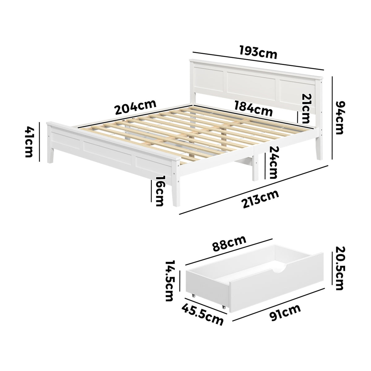 Oikiture King Wooden Bed Frame Platform with Headboard 2 Storage Drawers White