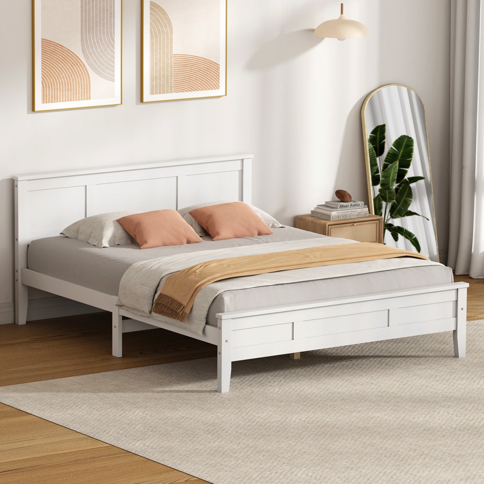 Oikiture King Wooden Bed Frame with Slatted Base Headboard Pine Timber White