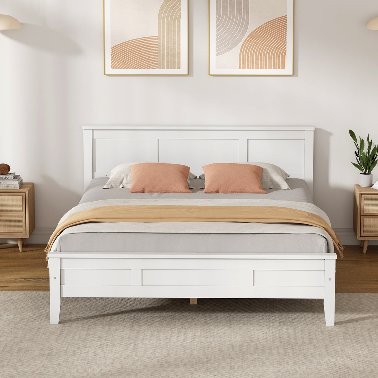 Oikiture King Wooden Bed Frame with Slatted Base Headboard Pine Timber White
