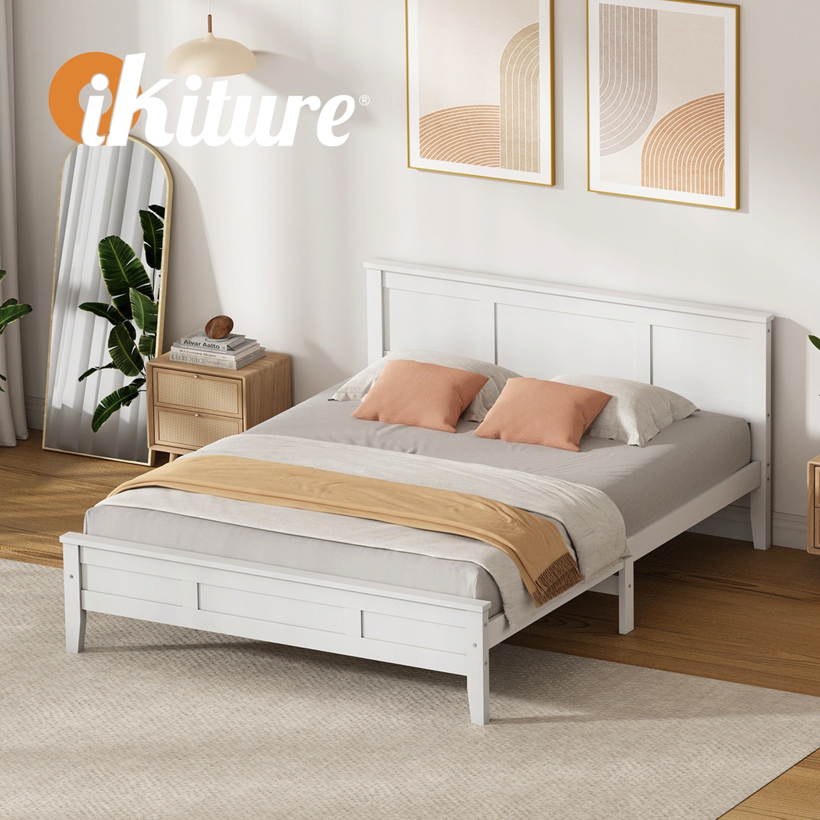 Oikiture King Wooden Bed Frame with Slatted Base Headboard Pine Timber White