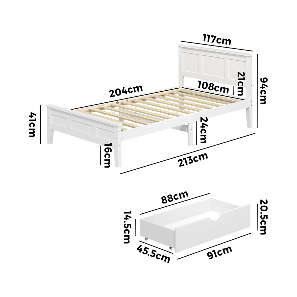 Oikiture King Single Wooden Bed Frame Platform with Headboard 2 Storage Drawers