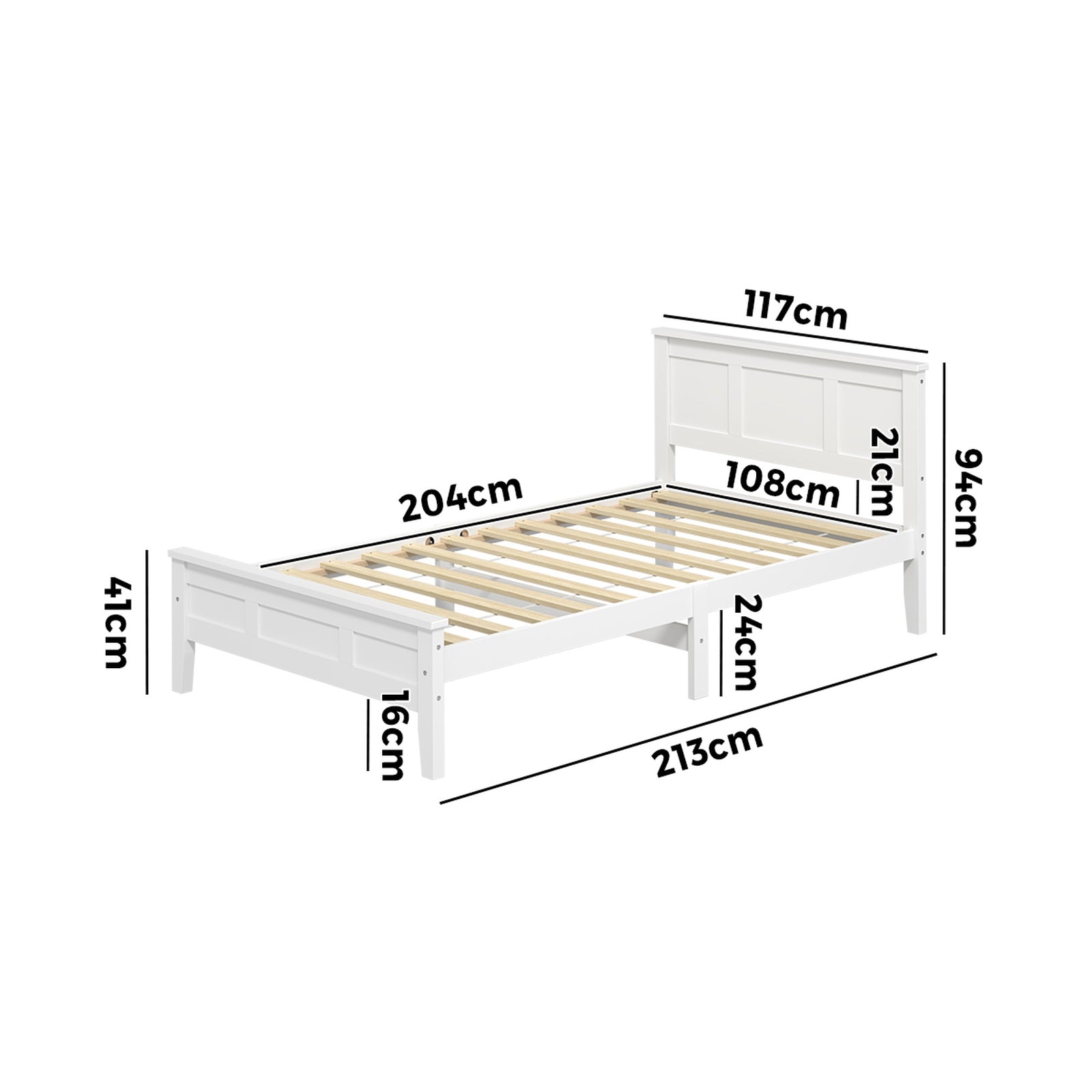 Oikiture King Single Wooden Bed Frame Slatted Base Headboard Pine Timber White