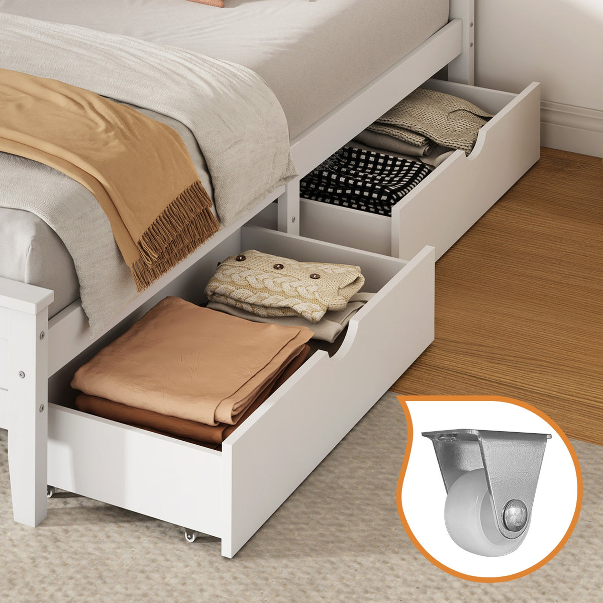 Oikiture Single Wooden Bed Frame Platform with Headboard 2 Storage Drawers White