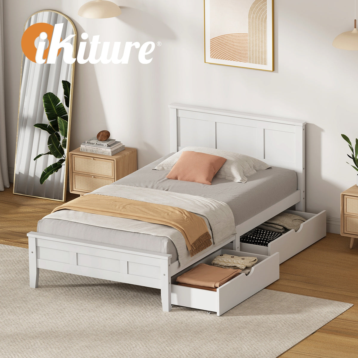 Oikiture Single Wooden Bed Frame Platform with Headboard 2 Storage Drawers White