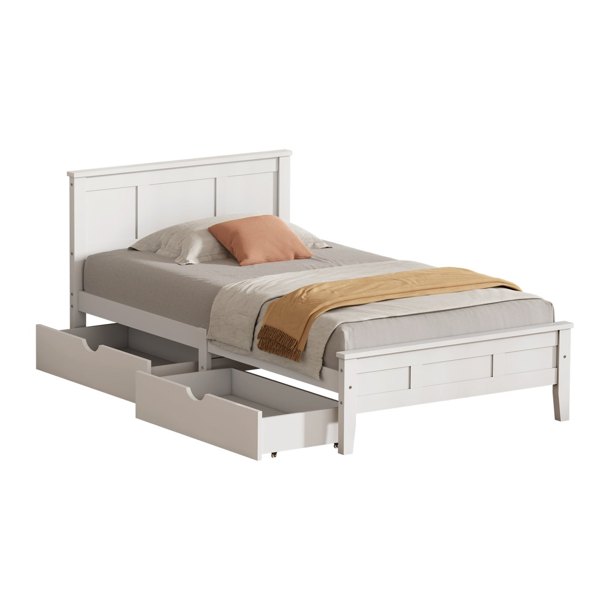 Oikiture Single Wooden Bed Frame Platform with Headboard 2 Storage Drawers White