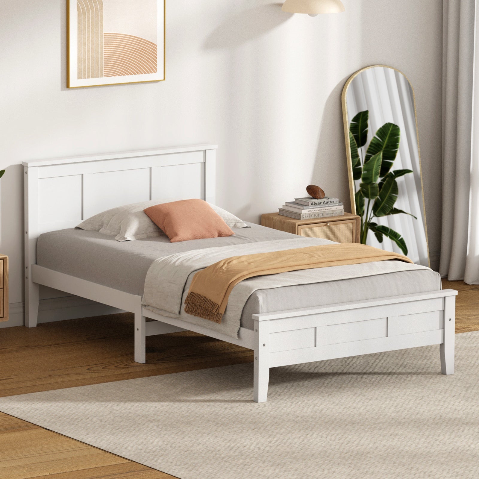 Oikiture Single Wooden Bed Frame with Slatted Base Headboard Pine Timber White