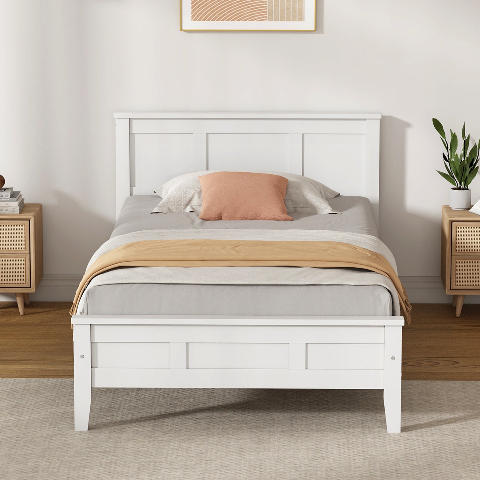 Oikiture Single Wooden Bed Frame with Slatted Base Headboard Pine Timber White