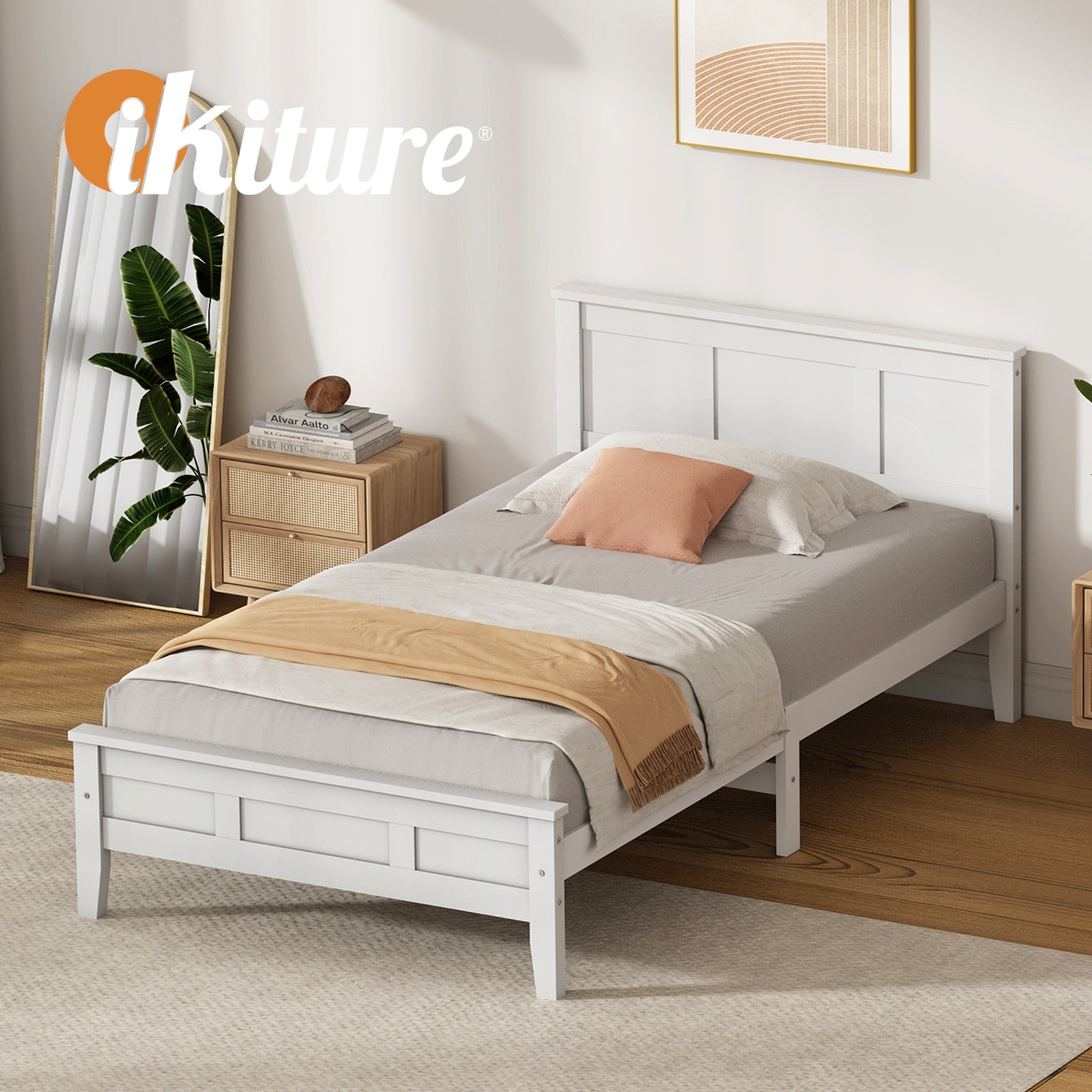 Oikiture Single Wooden Bed Frame with Slatted Base Headboard Pine Timber White
