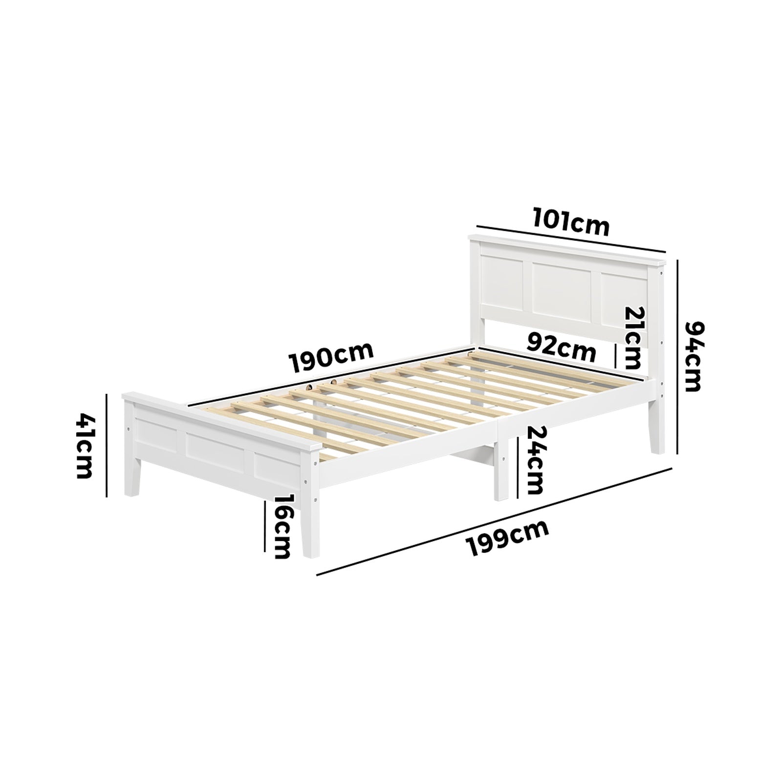 Oikiture Single Wooden Bed Frame with Slatted Base Headboard Pine Timber White