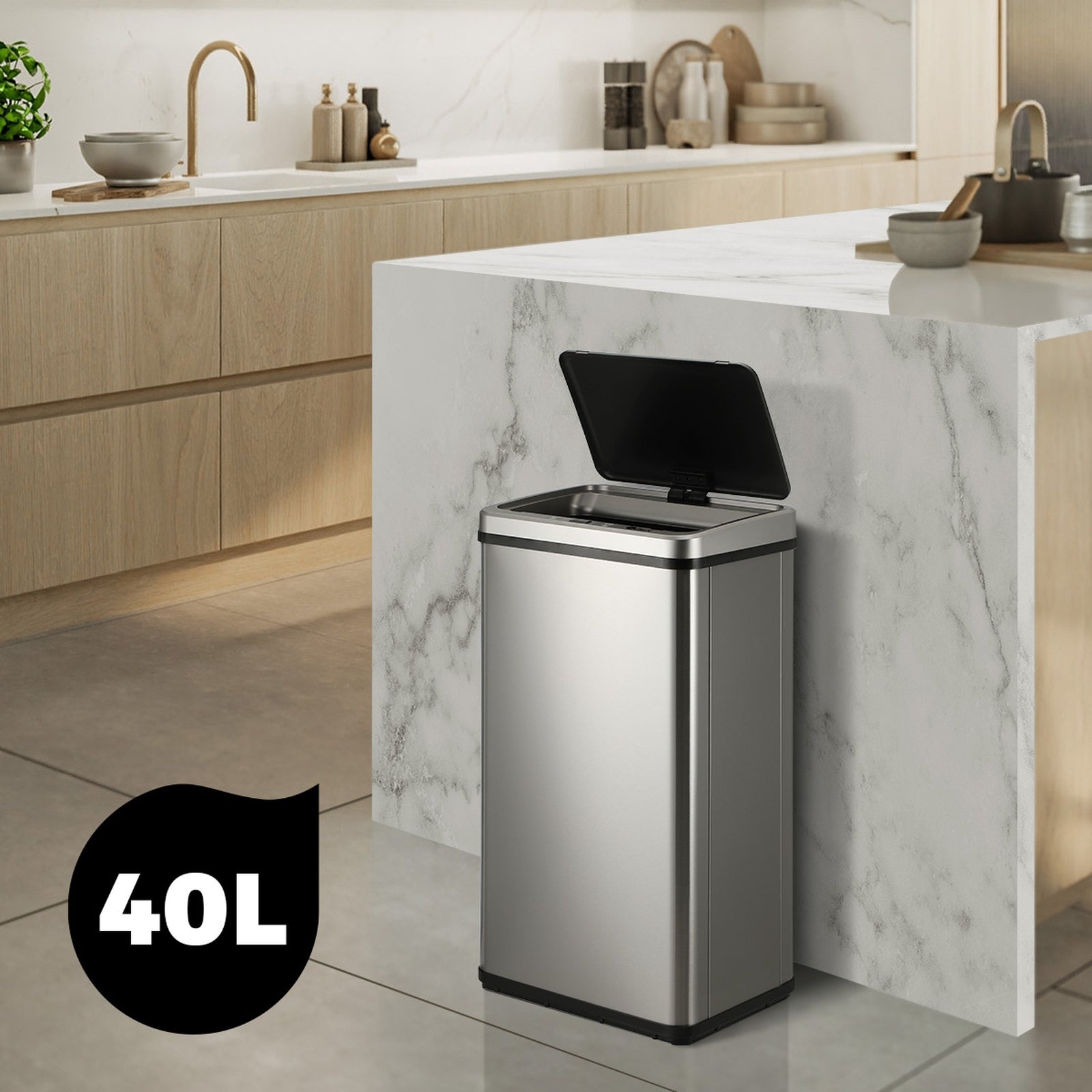 Oikiture 40L Motion Sensor Bin Automatic Rubbish Trash Can Kitchen Silver - Sunyee