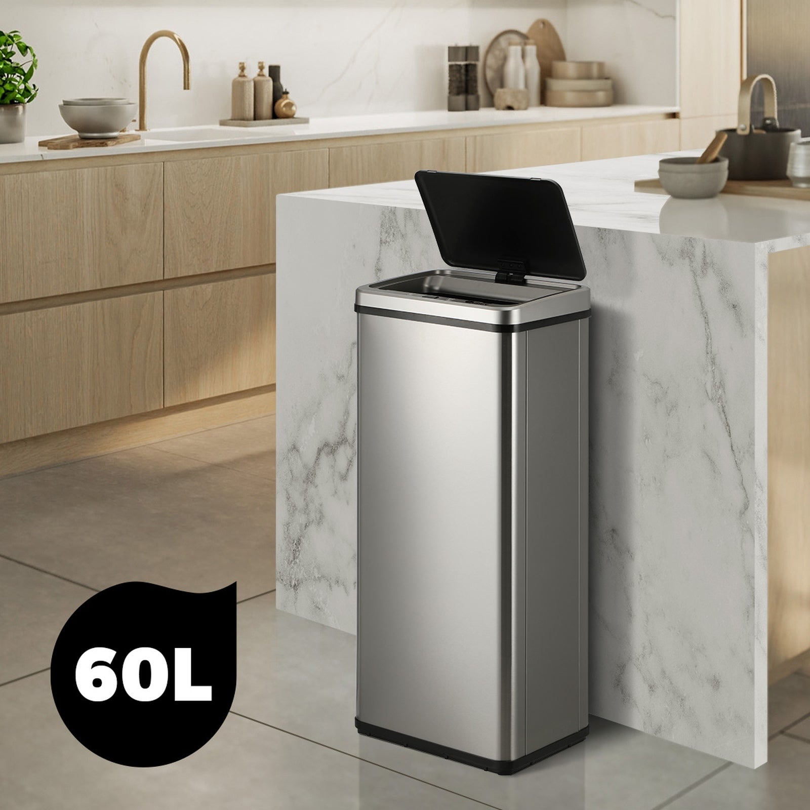 Oikiture 60L Motion Sensor Bin Automatic Rubbish Trash Can Kitchen Silver - Sunyee