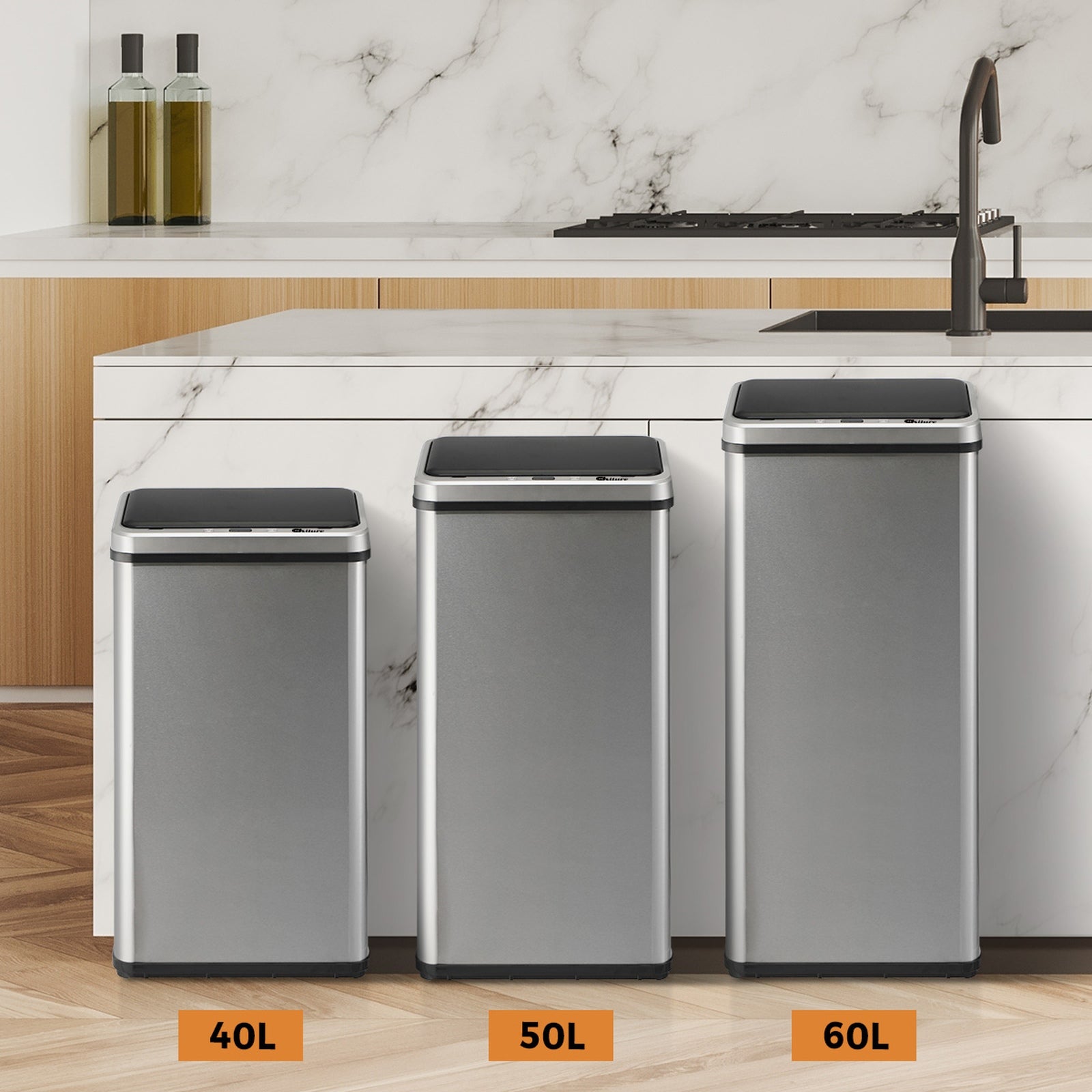 Oikiture Motion Sensor Bin Stainless Steel Automatic Trash Can Silver 40/50/60L - Sunyee