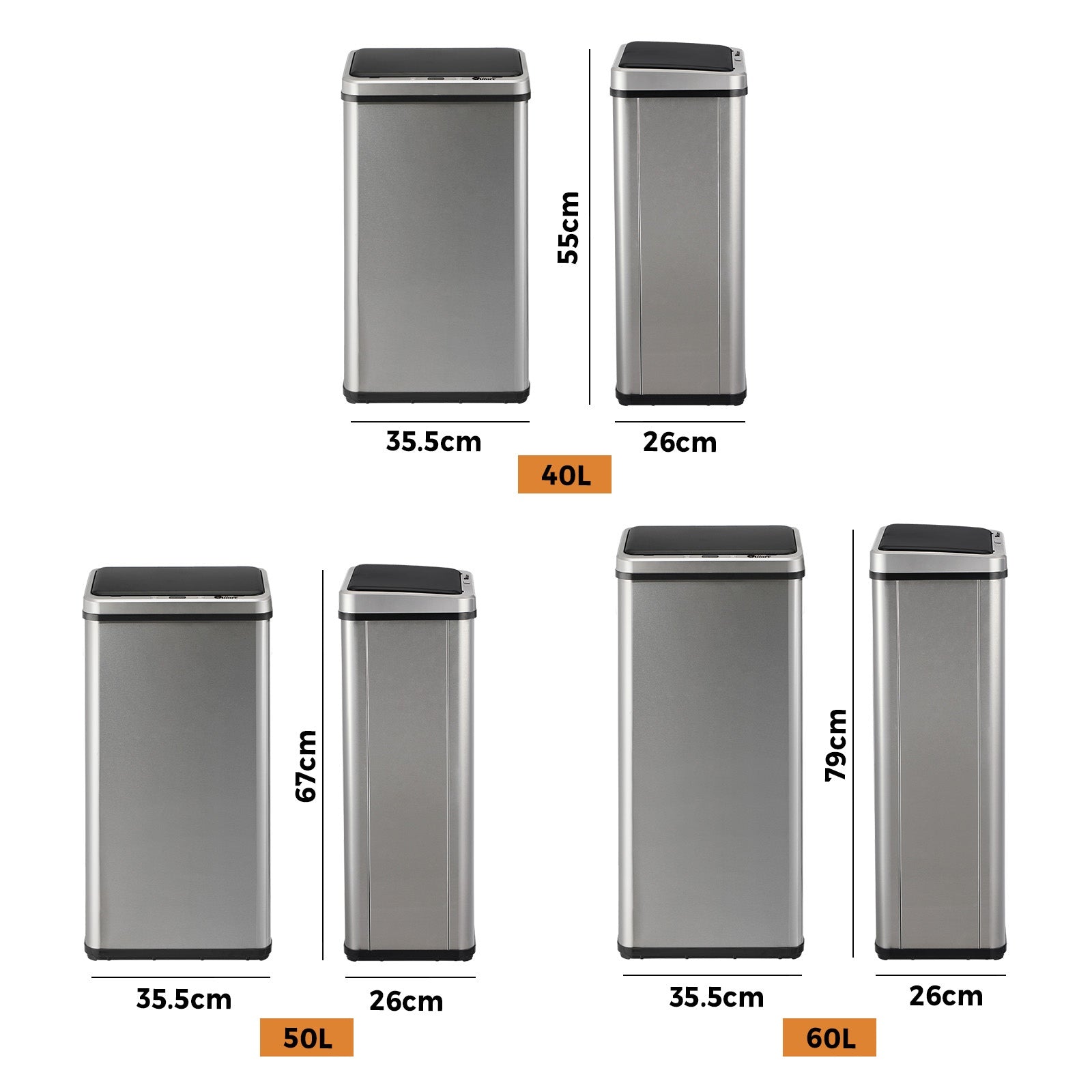 Oikiture Motion Sensor Bin Stainless Steel Automatic Trash Can Silver 40/50/60L - Sunyee