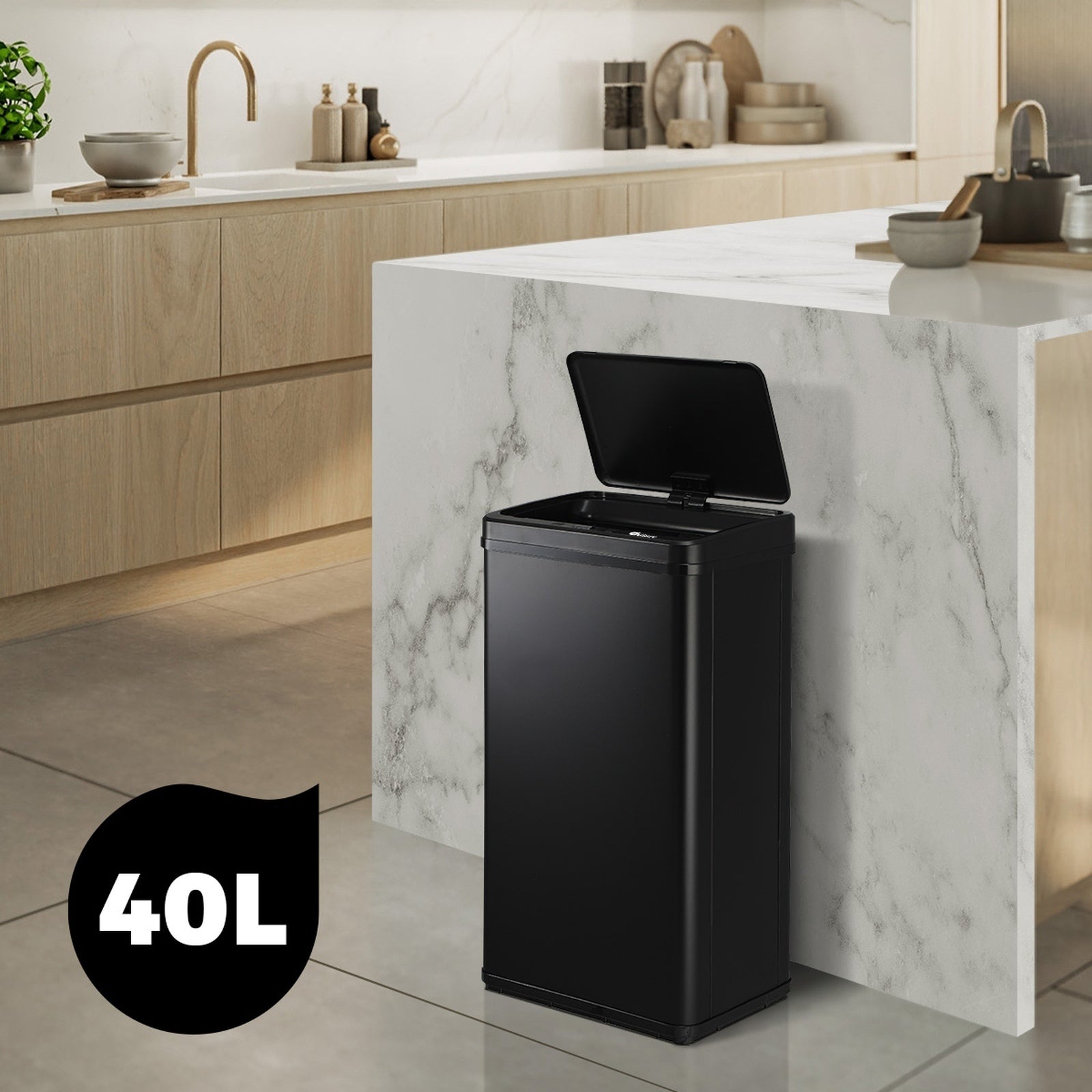 Oikiture 40L Motion Sensor Rubbish Bin Kitchen Waste Can Stainless Steel Black - Sunyee