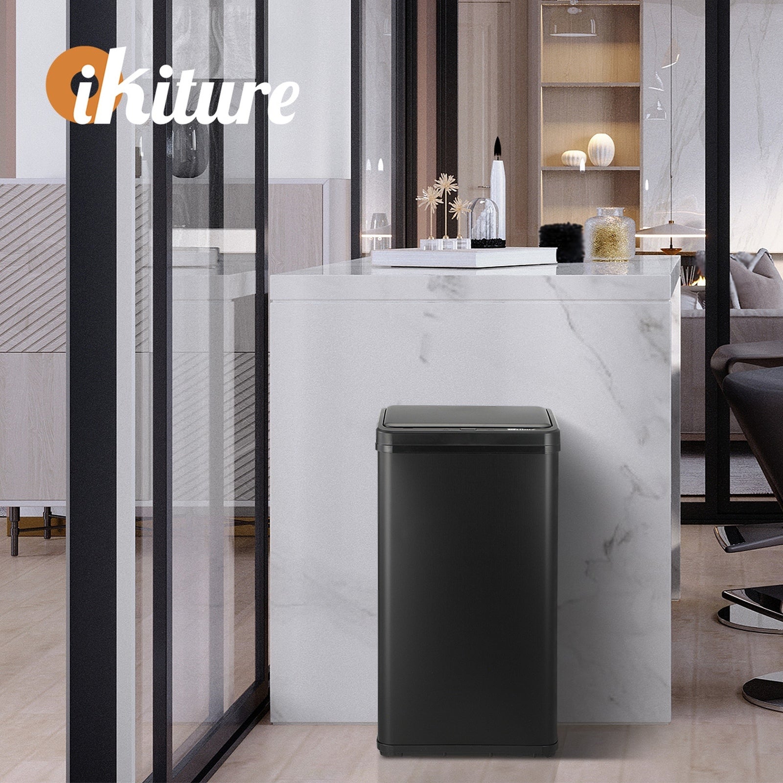 Oikiture 40L Motion Sensor Rubbish Bin Kitchen Waste Can Stainless Steel Black - Sunyee