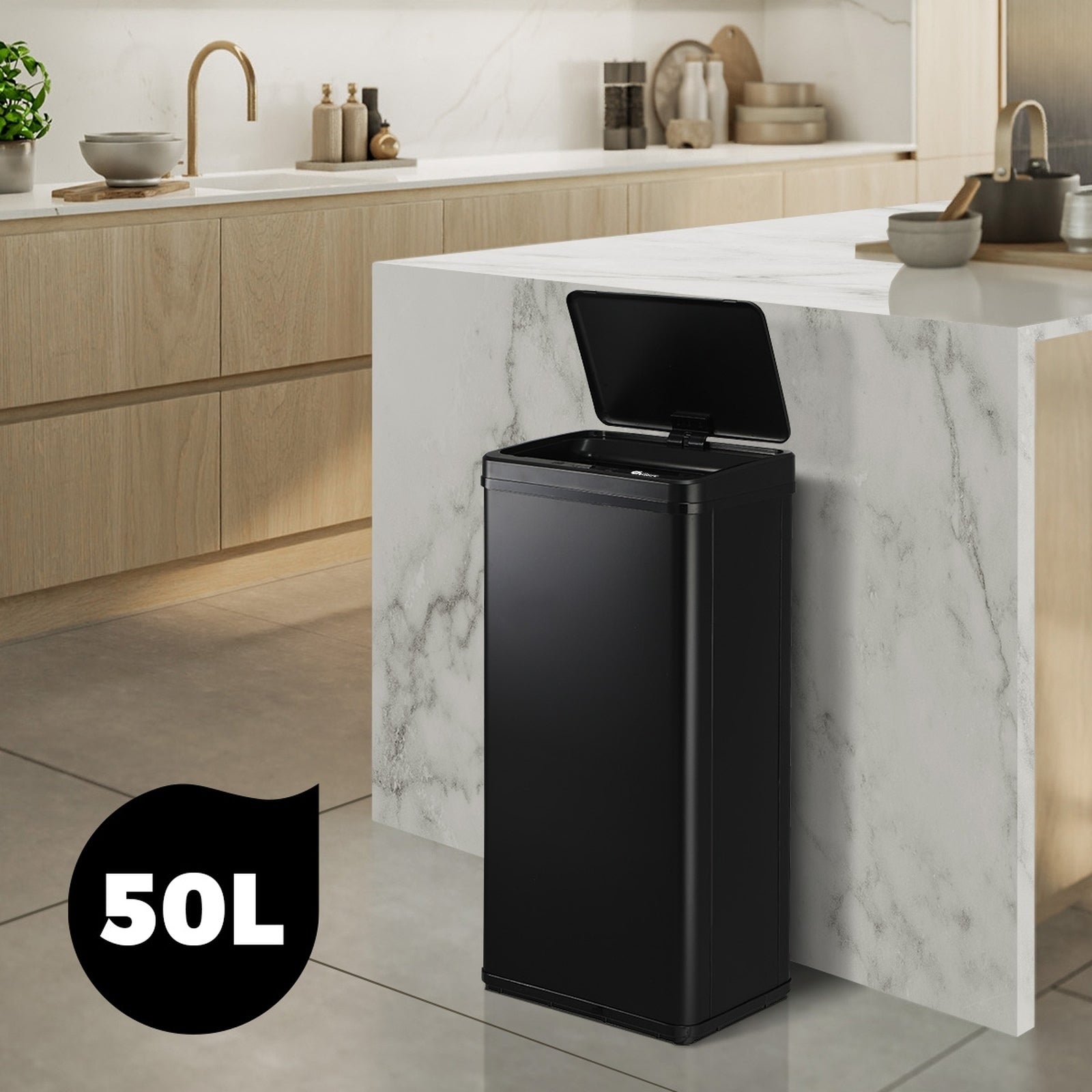 Oikiture 50L Motion Sensor Bin Automatic Rubbish Trash Can Kitchen Black - Sunyee