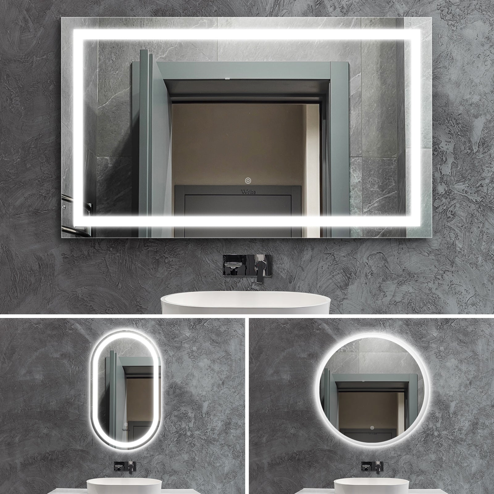 Welba LED Bathroom Mirror Anti-fog Makeup Wall Mirrors Round/Oval/Rectangle - Sunyee