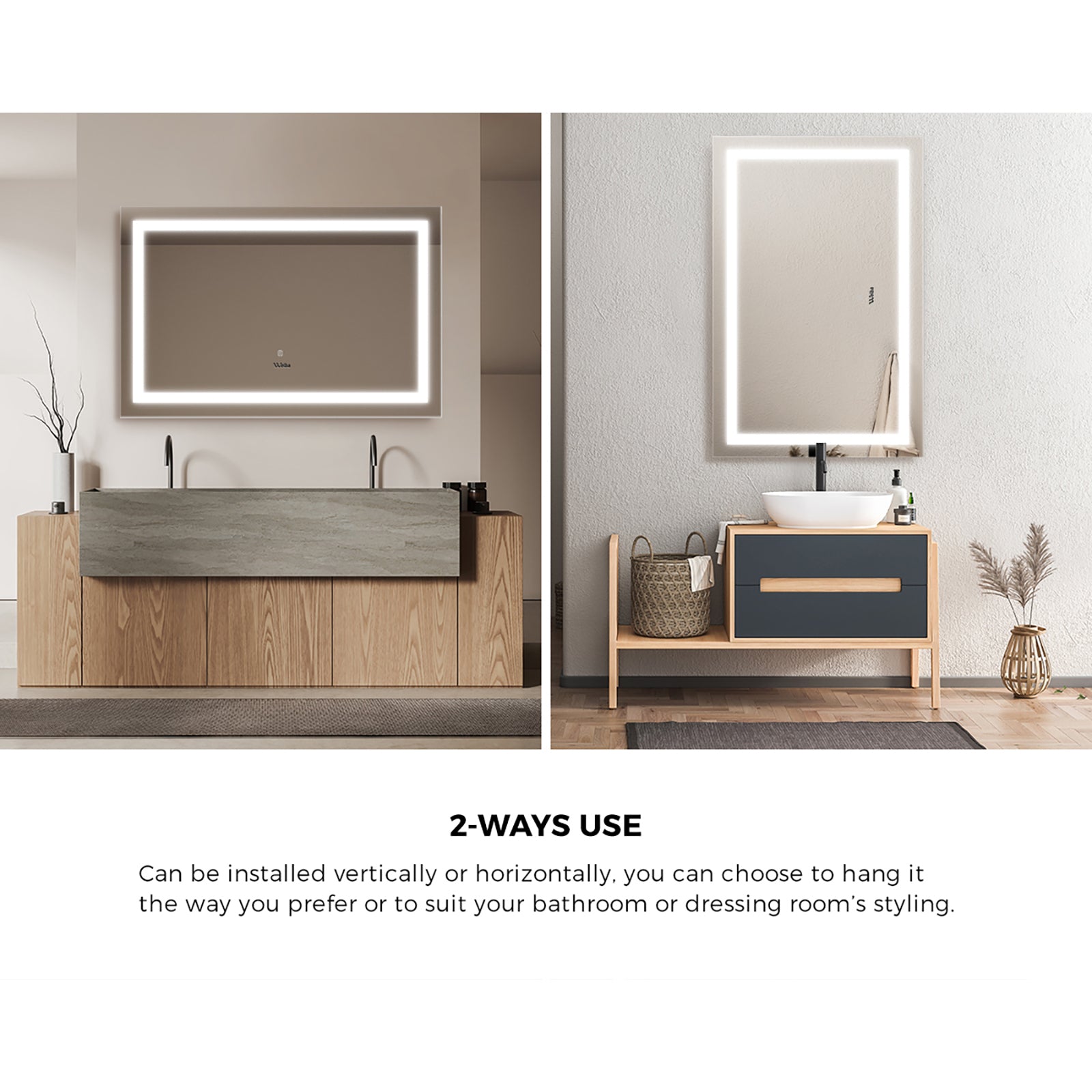 Welba LED Rectangle Bathroom Mirror Anti-fog Smart Makeup Wall Mirrors Decor - Sunyee