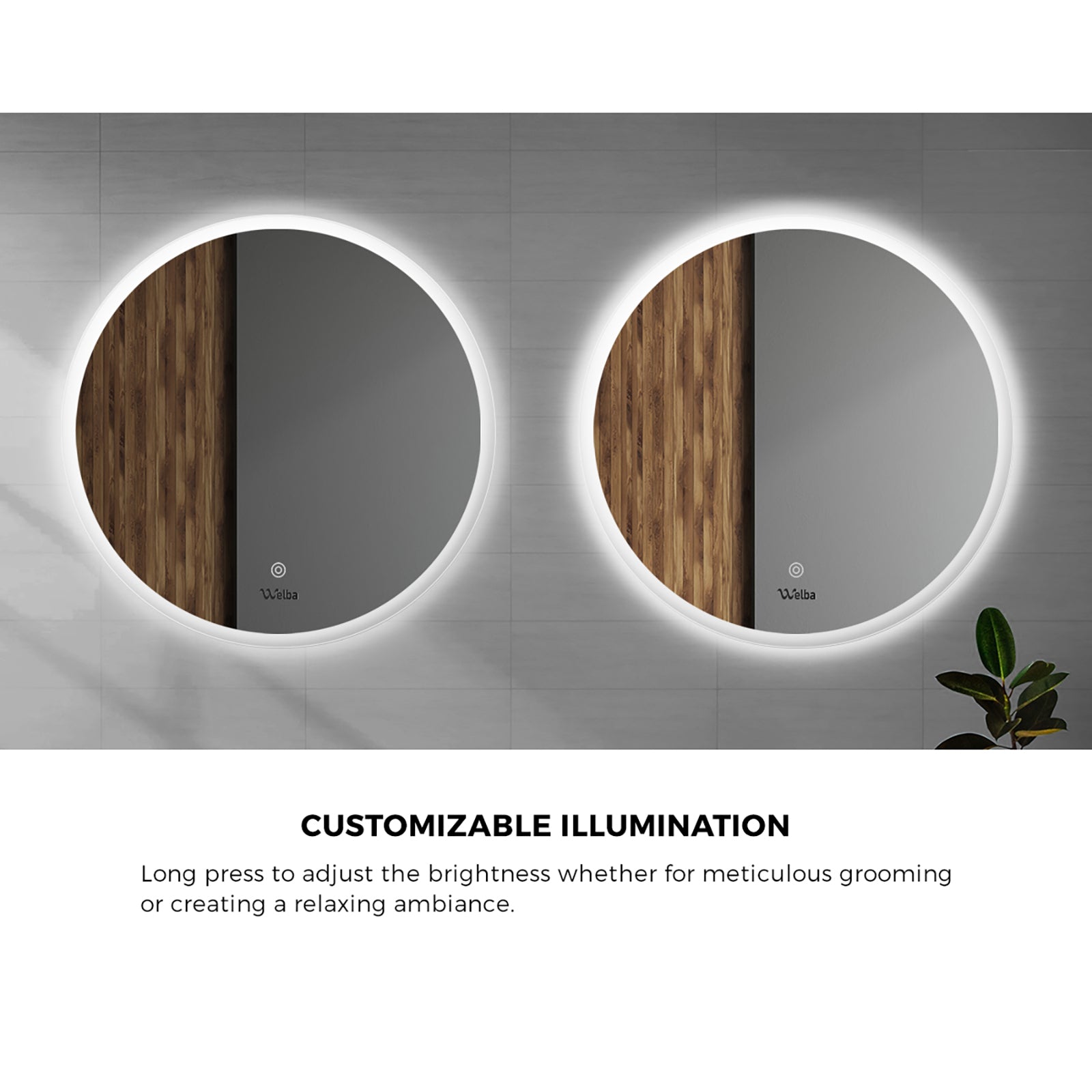 Welba 90cm LED Round Bathroom Mirror Anti-fog Large Makeup Wall Mirrors Vanity - Sunyee