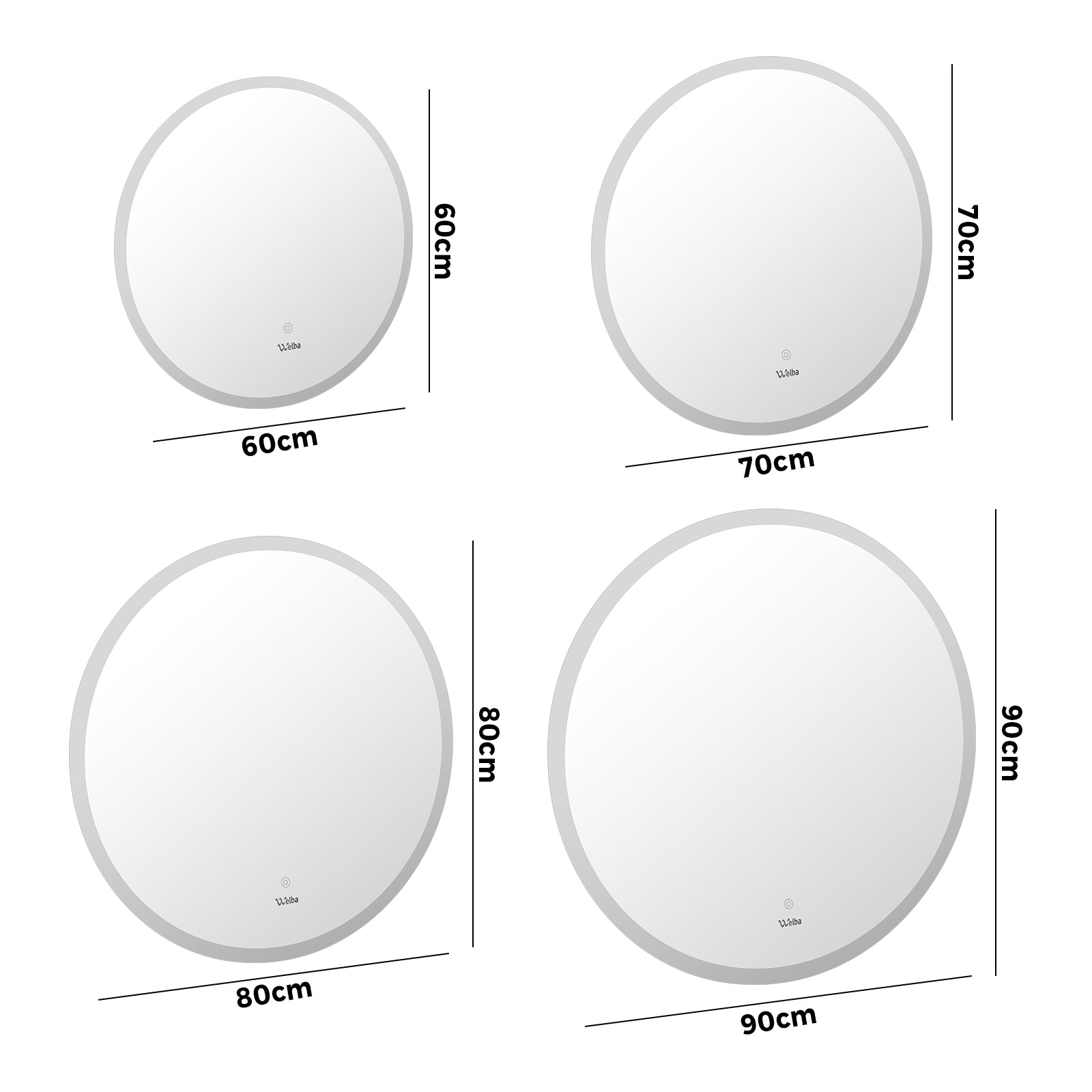 Welba LED Round Bathroom Mirror Anti-fog Smart Makeup Wall Mirrors 60/70/80/90cm - Sunyee