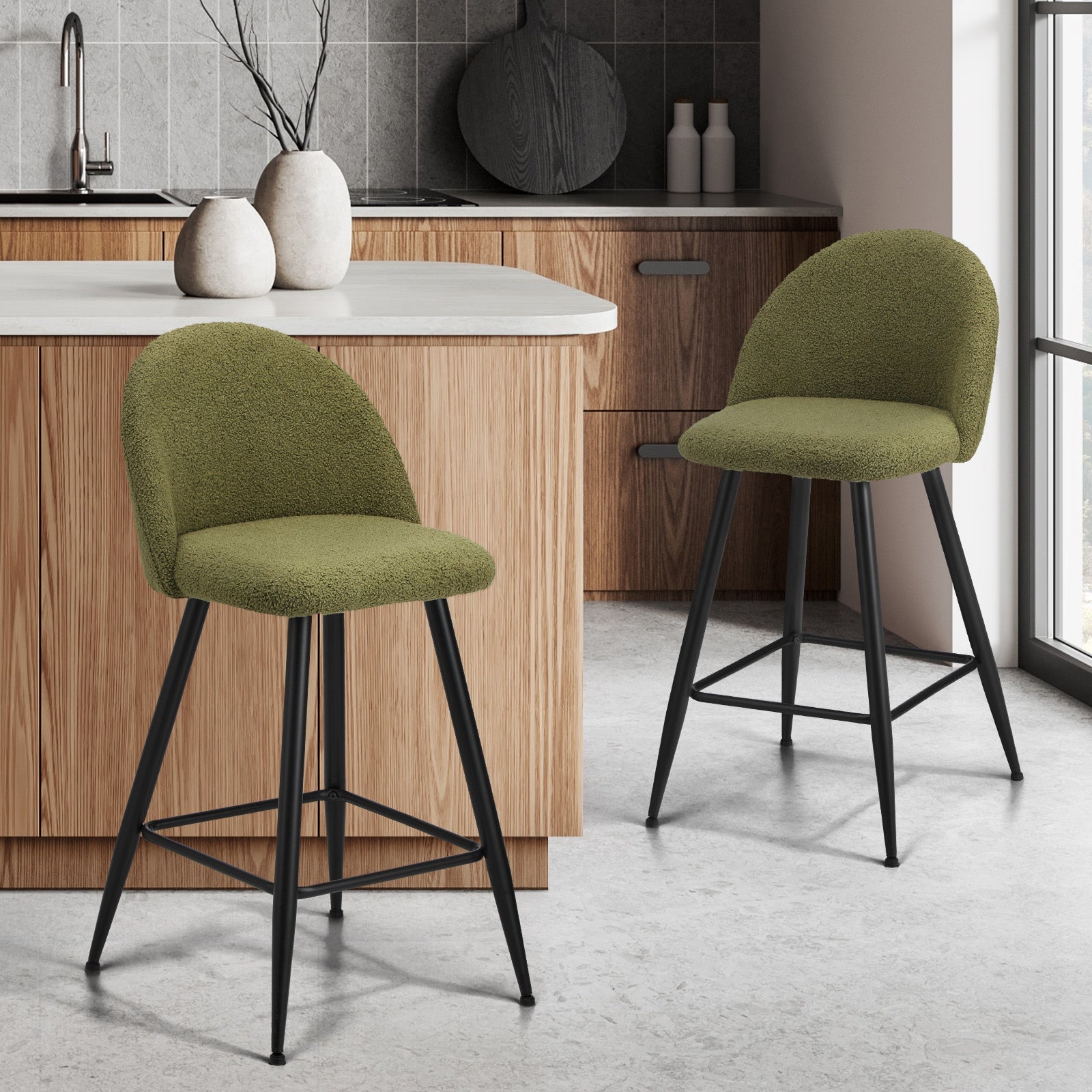 Oikiture 2x Bar Stools Kitchen Dining Chairs Counter Stool Green Boucle Padded - Sunyee