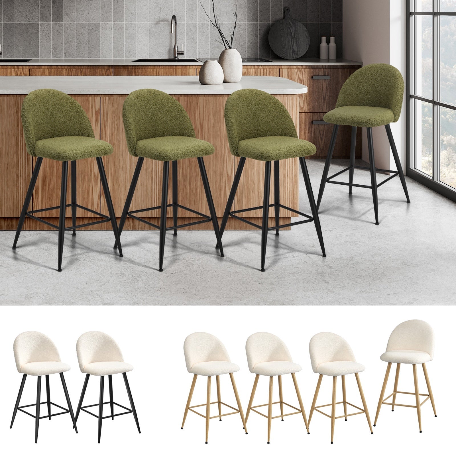 Oikiture 2/4x Bar Stools Kitchen Dining Chairs Counter Stool Boucle Padded - Sunyee