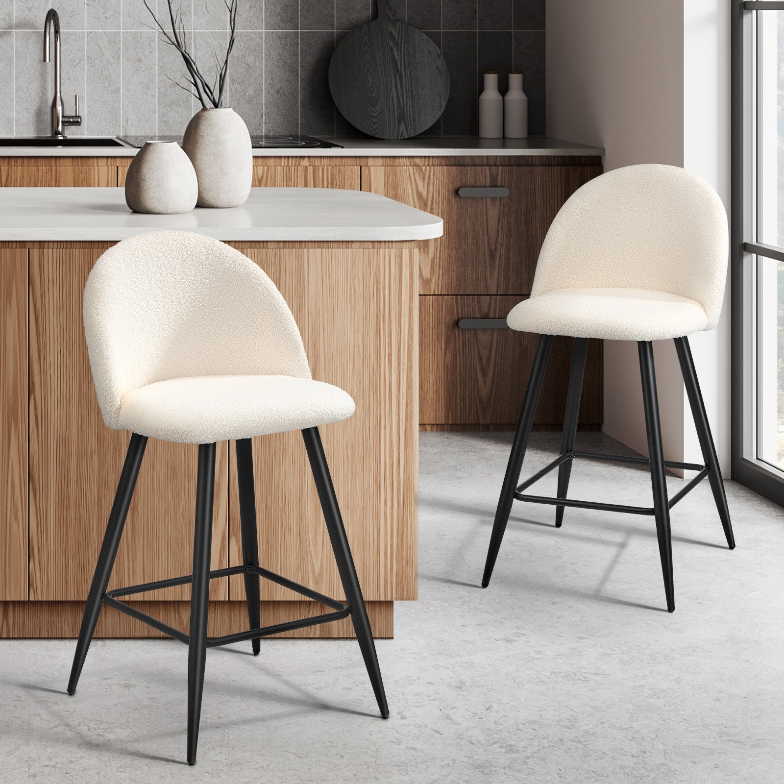 Oikiture 2x Bar Stools Kitchen Dining Chairs Counter Stool White Boucle Padded - Sunyee