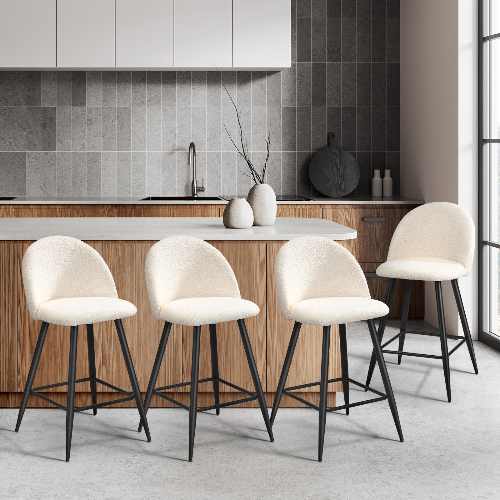 Oikiture 4x Bar Stools Kitchen Dining Chairs Counter Stool White Boucle Padded - Sunyee