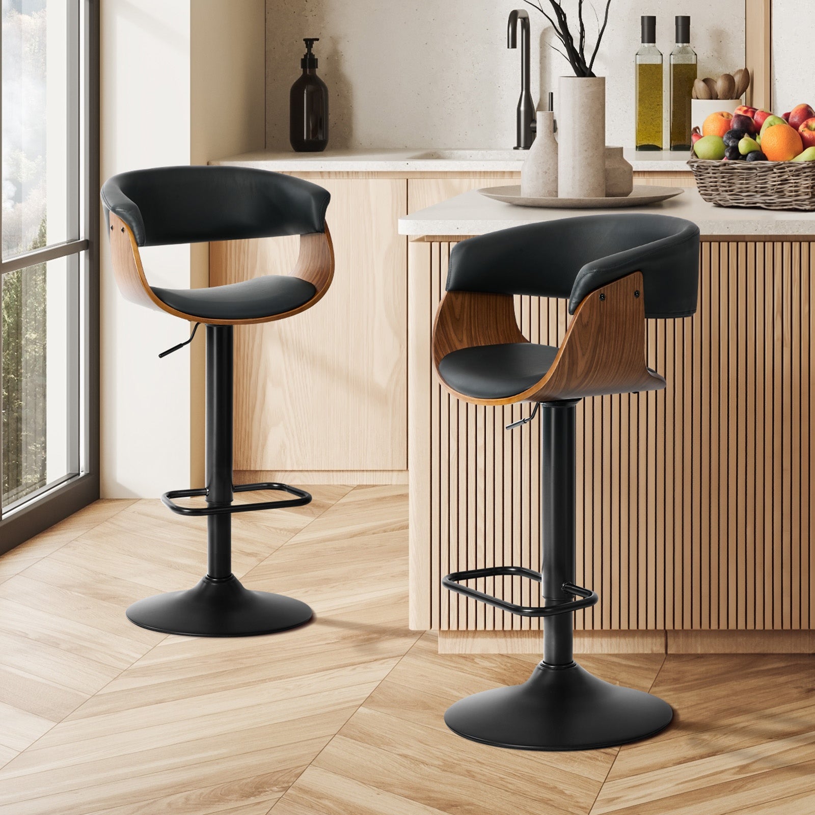 Oikiture 2x Bar Stools Swivel Gas Lift Counter Stool Armrest Leather Black