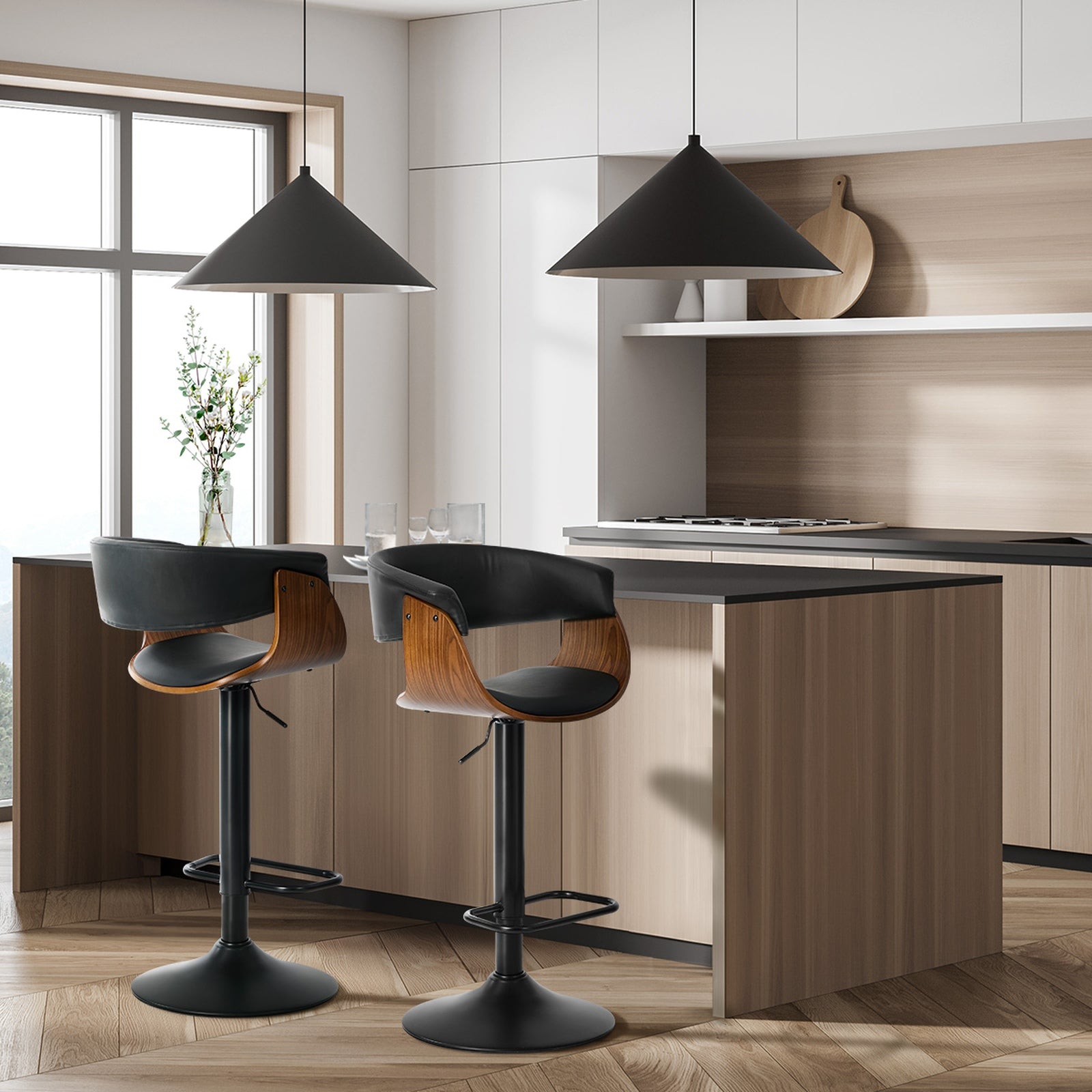Oikiture 2x Bar Stools Swivel Gas Lift Counter Stool Armrest Leather Black