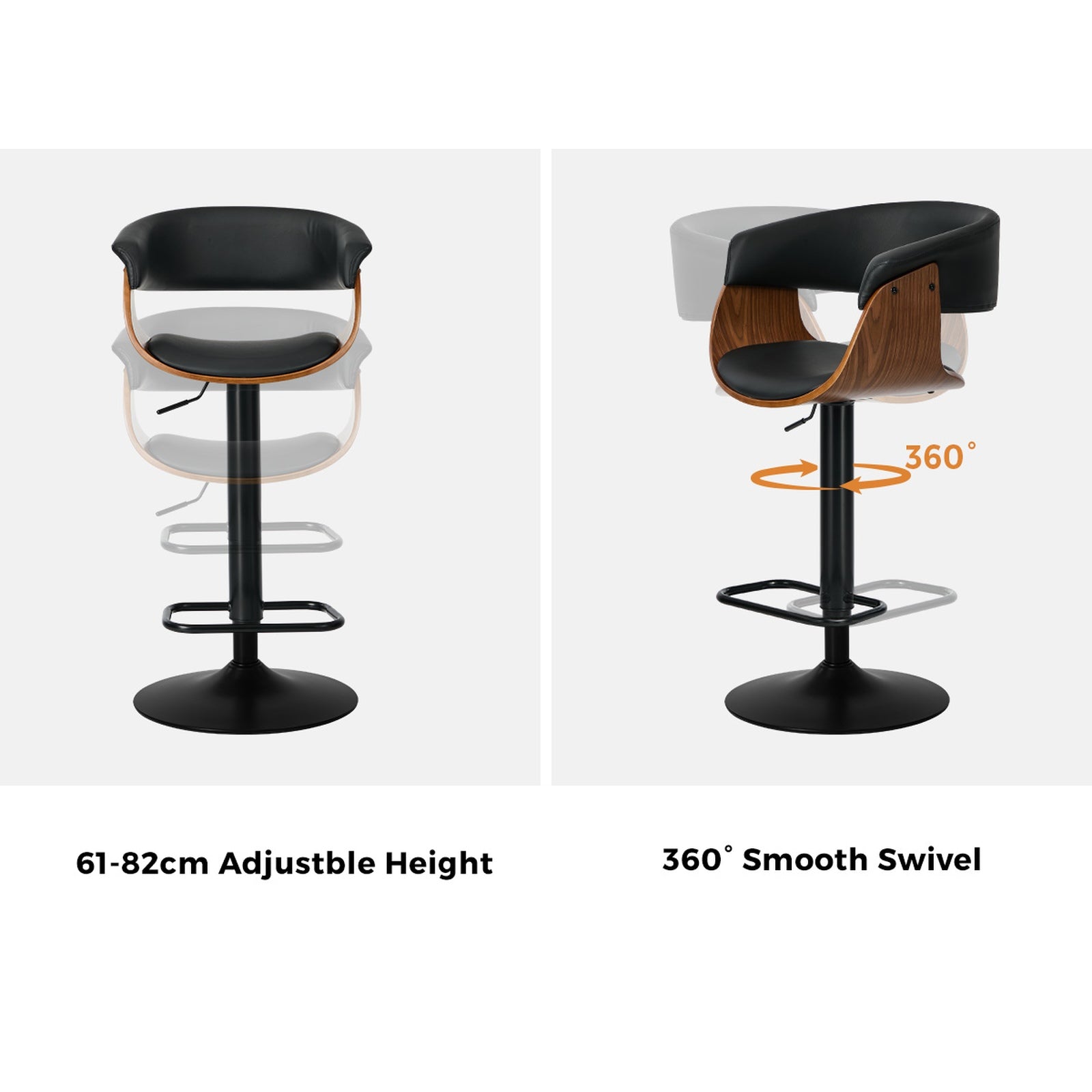 Oikiture 2x Bar Stools Swivel Gas Lift Counter Stool Armrest Leather Black