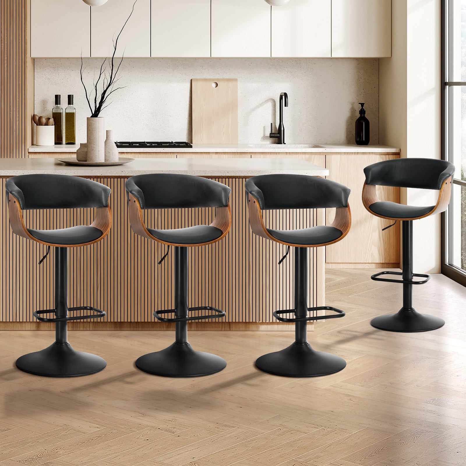 Oikiture 4x Bar Stools Gas Lift Counter Stool Armrest Leather Black