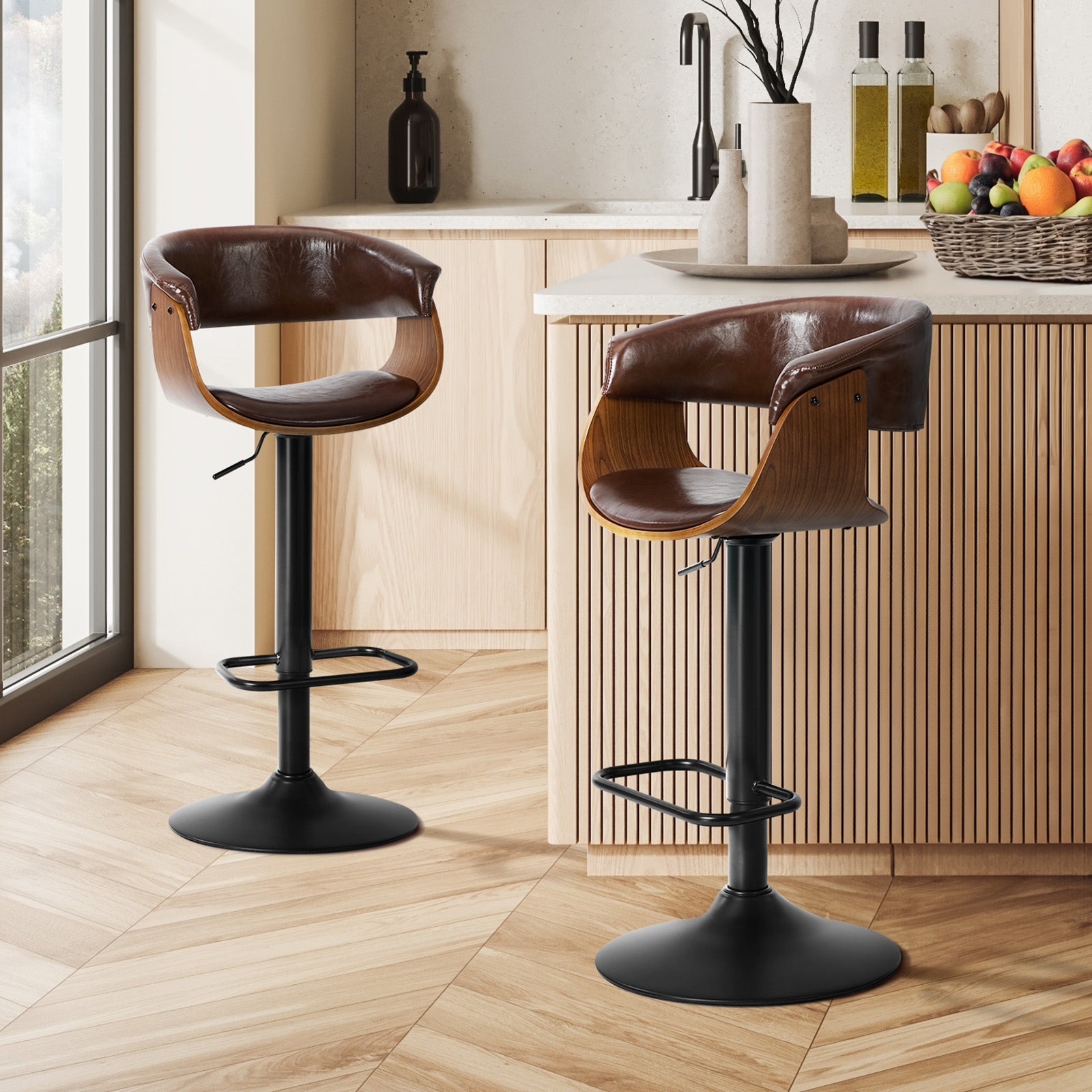Oikiture 2x Bar Stools Swivel Gas Lift Counter Stool Armrest Leather Brown