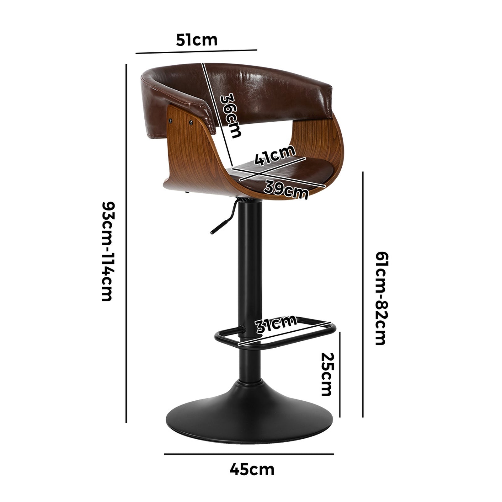Oikiture 2x Bar Stools Swivel Gas Lift Counter Stool Armrest Leather Brown